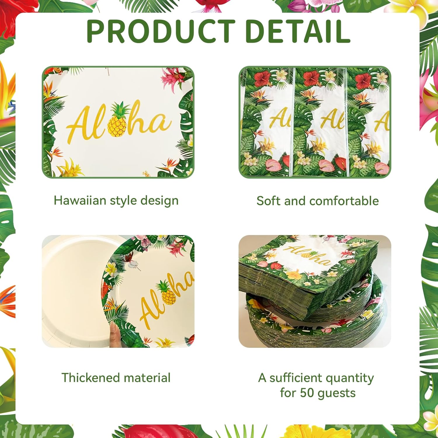 150 Pcs Tropical Luau Party Supplies Set Hawaiian Paper Napkins Plates Disposable Tropical Palm Leaf Plates and Party Napkins for Summer BBQ, Pool and Beach Aloha Birthday Decorations
