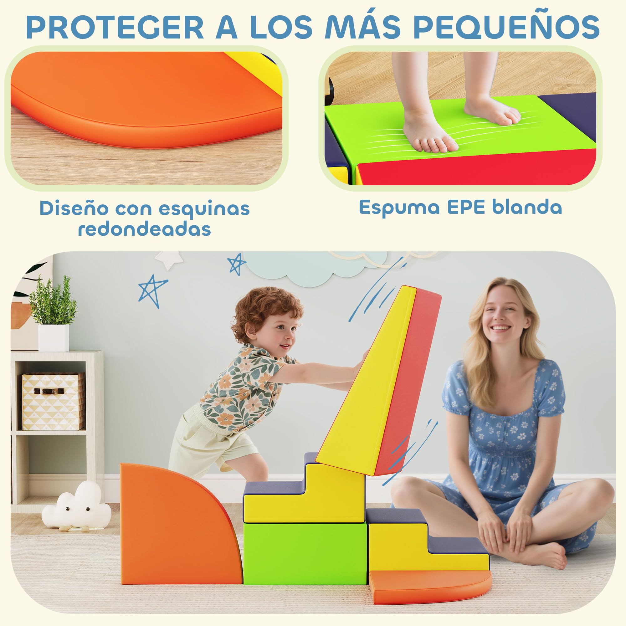 AIYAPLAY Juego de 6 Bloques de Espuma para Niños, Bloques de Psicomotricidad Infantil con Base Antideslizante, para Niños 0,5 a 6 Años, Set de Escalada para Interior, para Escalar y Gatear, Multicolor