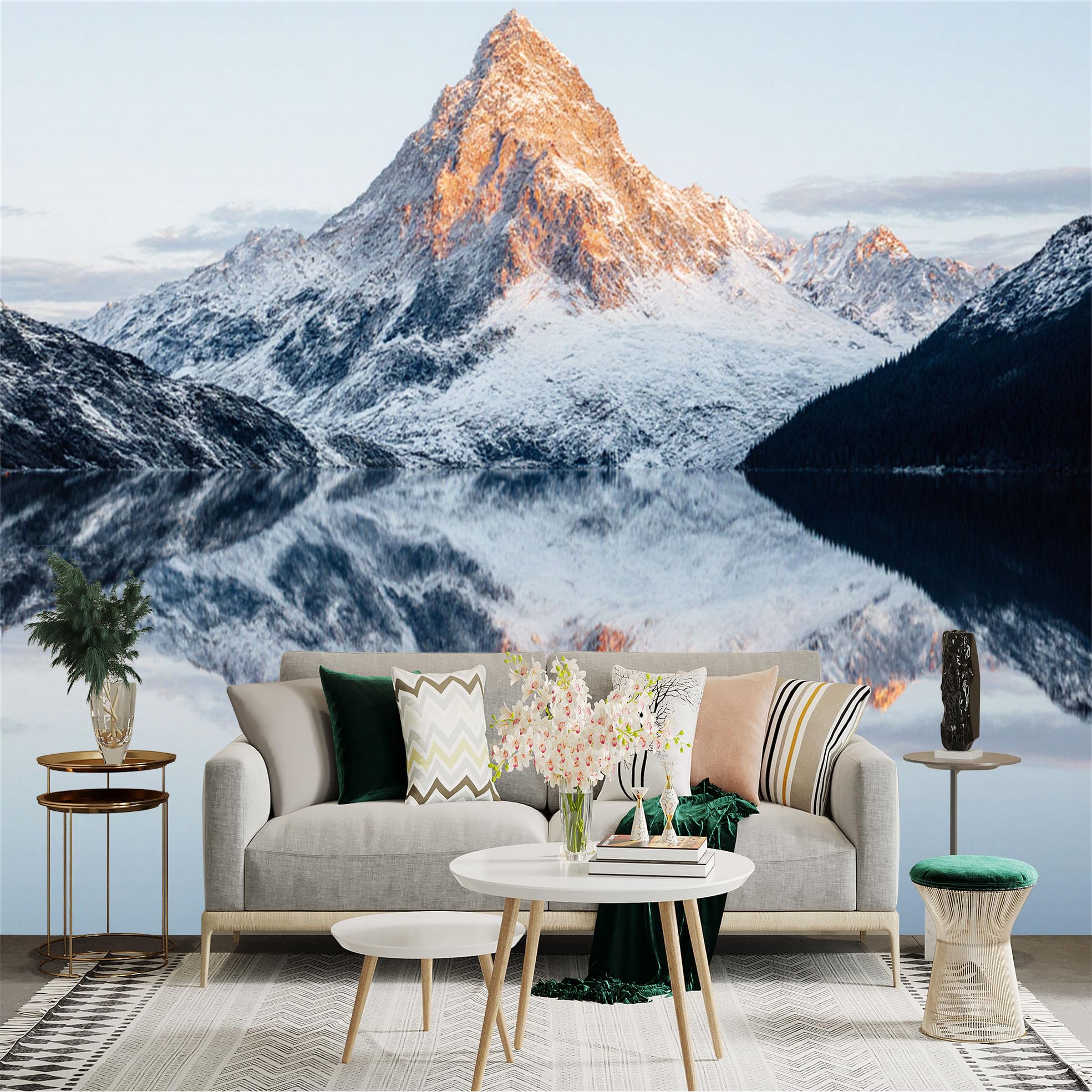 Custom Size Wall Sticker Mural， Majestic SnowCapped Mountain Peak， Golden Hour Sunlight， Crystal Clear Lake Reflection， Serene Wilderness Landscape， for wall Decoration， peelandstick wall Decals.