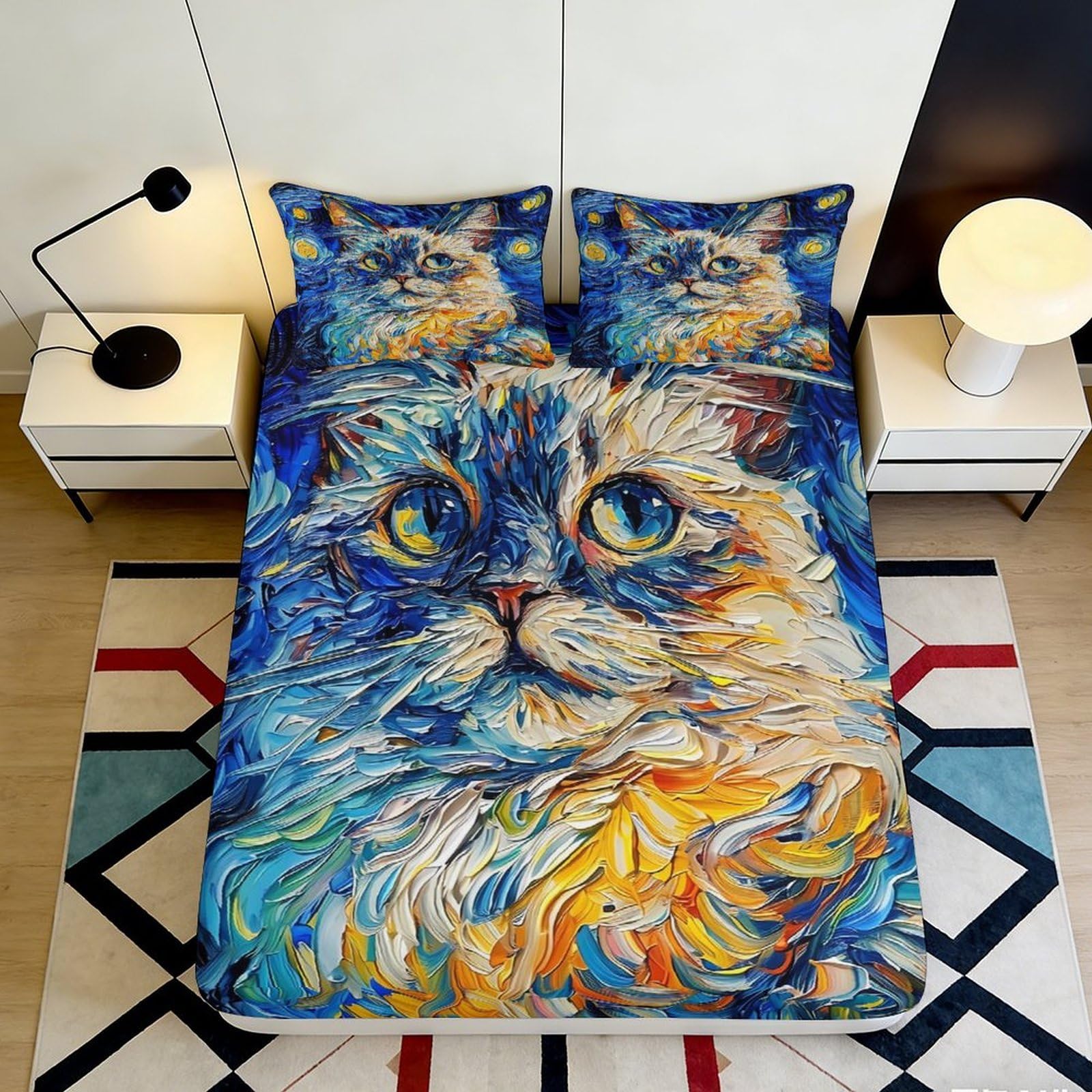 3D Printed Artistic Cat Fitted Sheet Microfiber Soft Vibrant Colors Bed Cover for Bedroom Guest Room Decor Mattress Protection 90x200x25cm