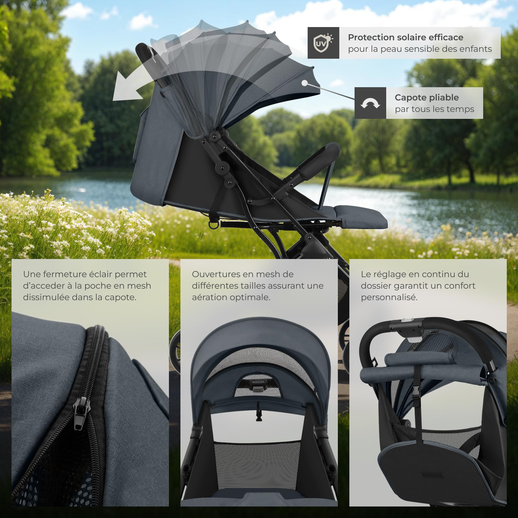 tectake® Poussette compacte 0-36 mois Pliable avec Panier de rangement Dossier inclinable Harnais 5 points Poussette compacte & légère Poussette voyage Accessoires Bébé Nouveau né Enfant Baby stroller