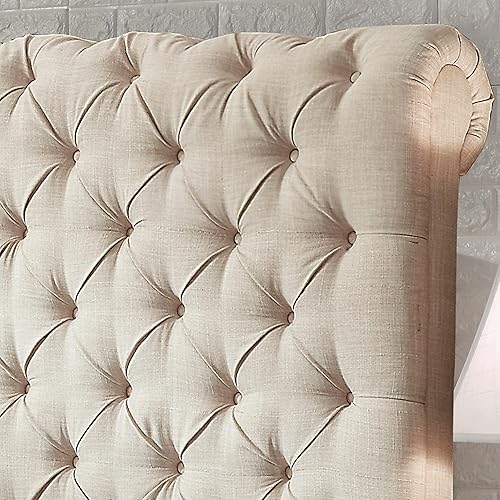 Miniatura 5 de Rosevera Jenner - Cama tapizada de lino con botones y cabecera estilo Chesterfield tamaño King color beige natural