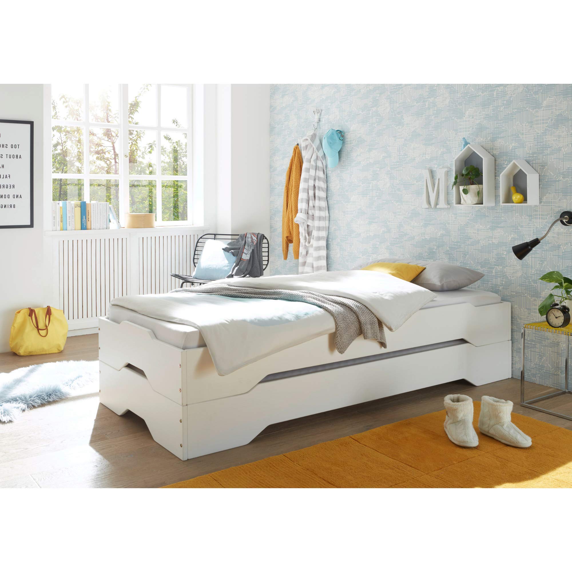 Stella Trading DOUBLE Stilvolles Doppelbett mit zwei Liegeflächen 90 x 200 cm - Komfortables Stapelbett aus massiver Kiefer, Weiß - 96 x 47 x 205 cm (B/H/T)