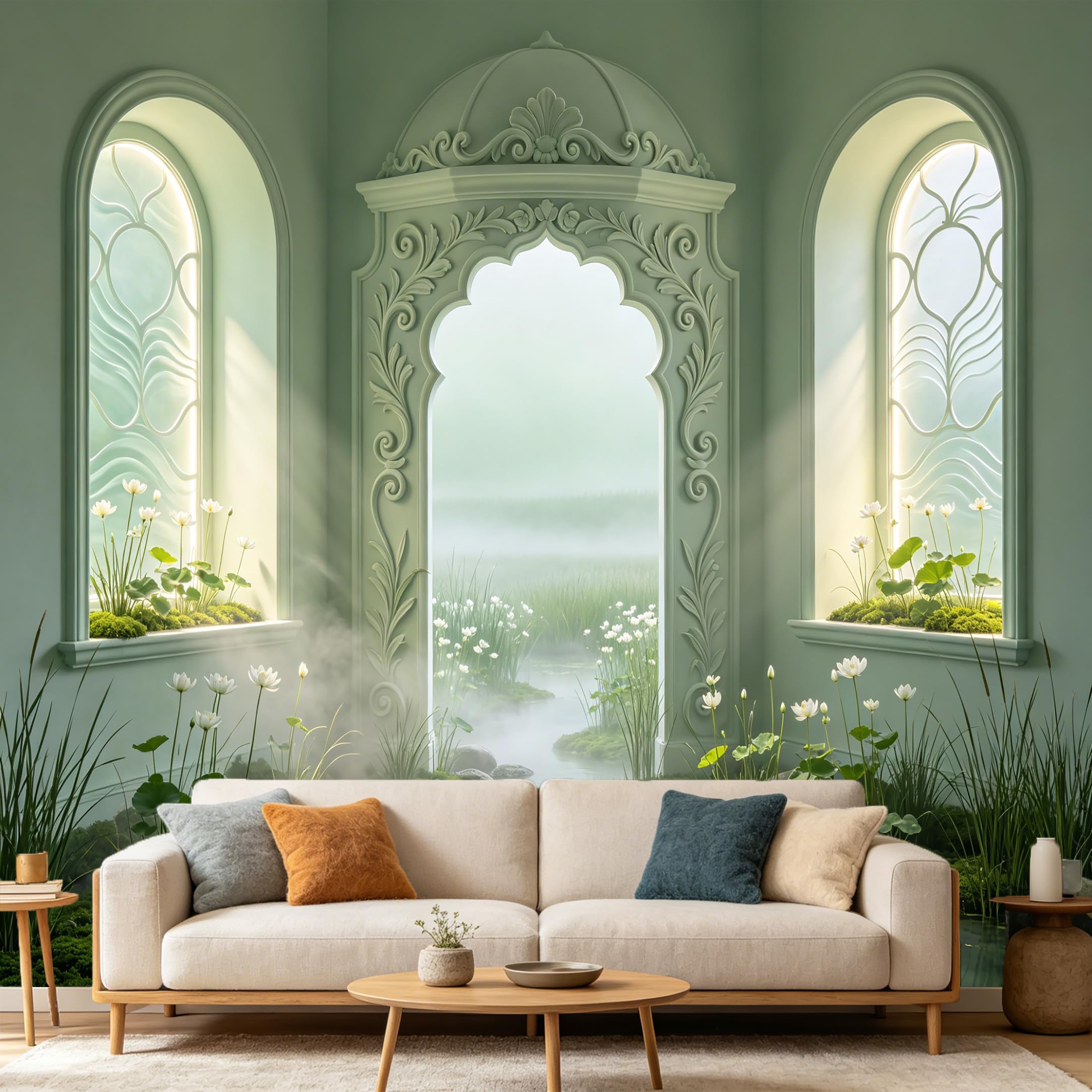 Custom Size Wall Mural， 3D Archway Pond Lotus Lake Foggy Scenery， SelfAdhesive Art Prints wall Fabric Removable Large Wallpaper Home Living Room Decor