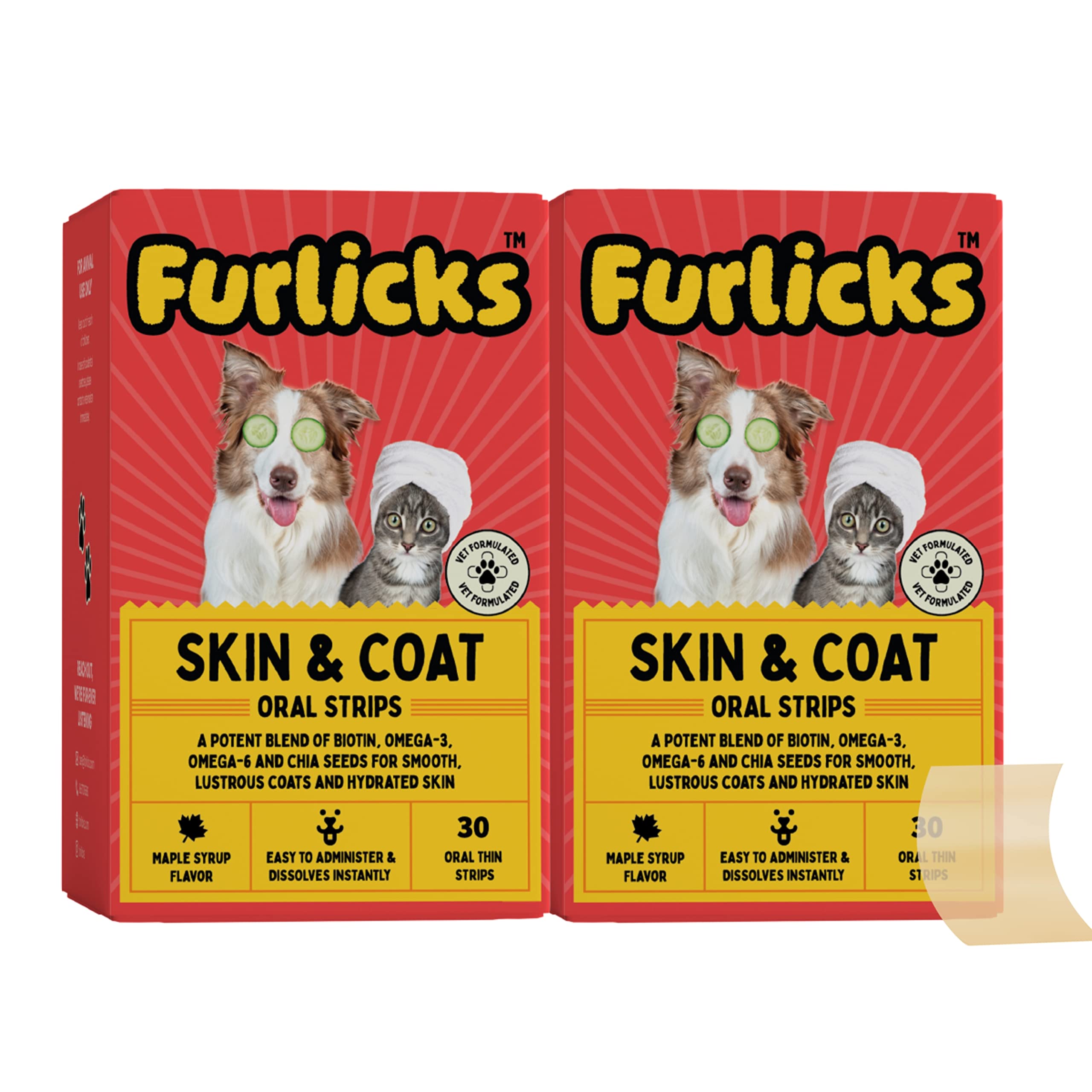 Furlicks Skin & Coat Supplement for Dogs & Cats | Biotin (Vitamin B7), Omega 3 & 6 Fatty Acids and Chia Seeds for Thick & Shiny Fur, Healthy Skin & Reduced Shedding (60 Oral Dissolving Strips)