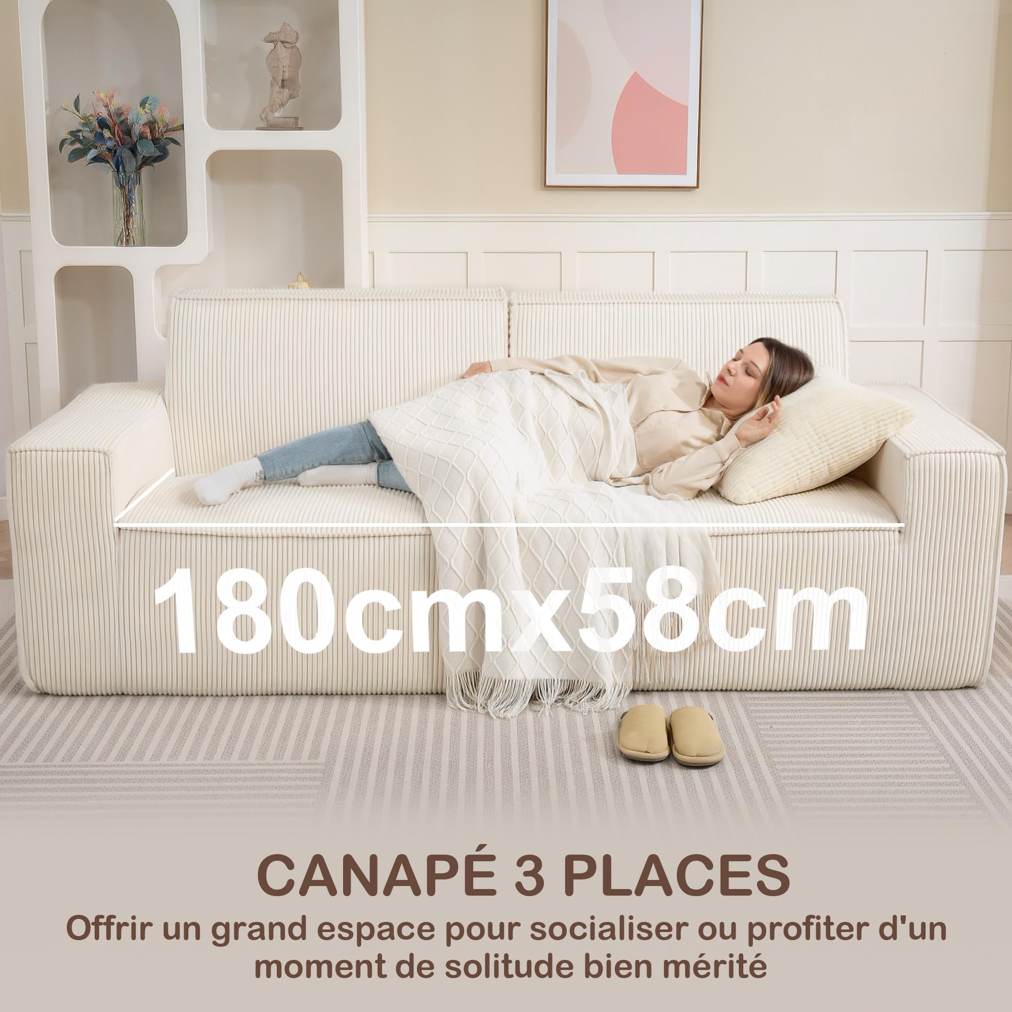 HOMCOM Canapé 3 Places en Velours côtelé 230 cm Moderne Compressé Beige