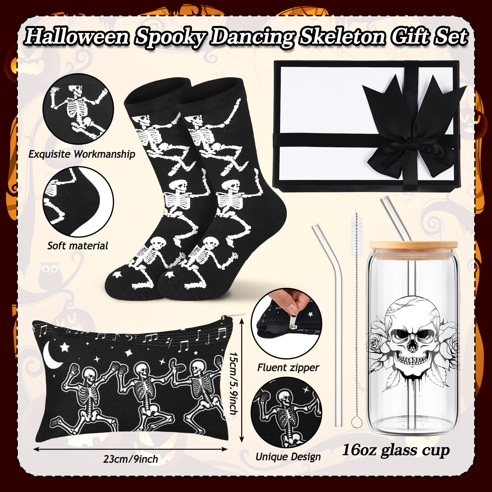 Skylety Goth Dancing Skeleton Gift Box of 4 Include 16oz Goth Glass Cup Gothic Stuff Spooky Sock Makeup Bag Spooky Gift Baskets for Xmas Holiday Women Gothic Lovers Stuff