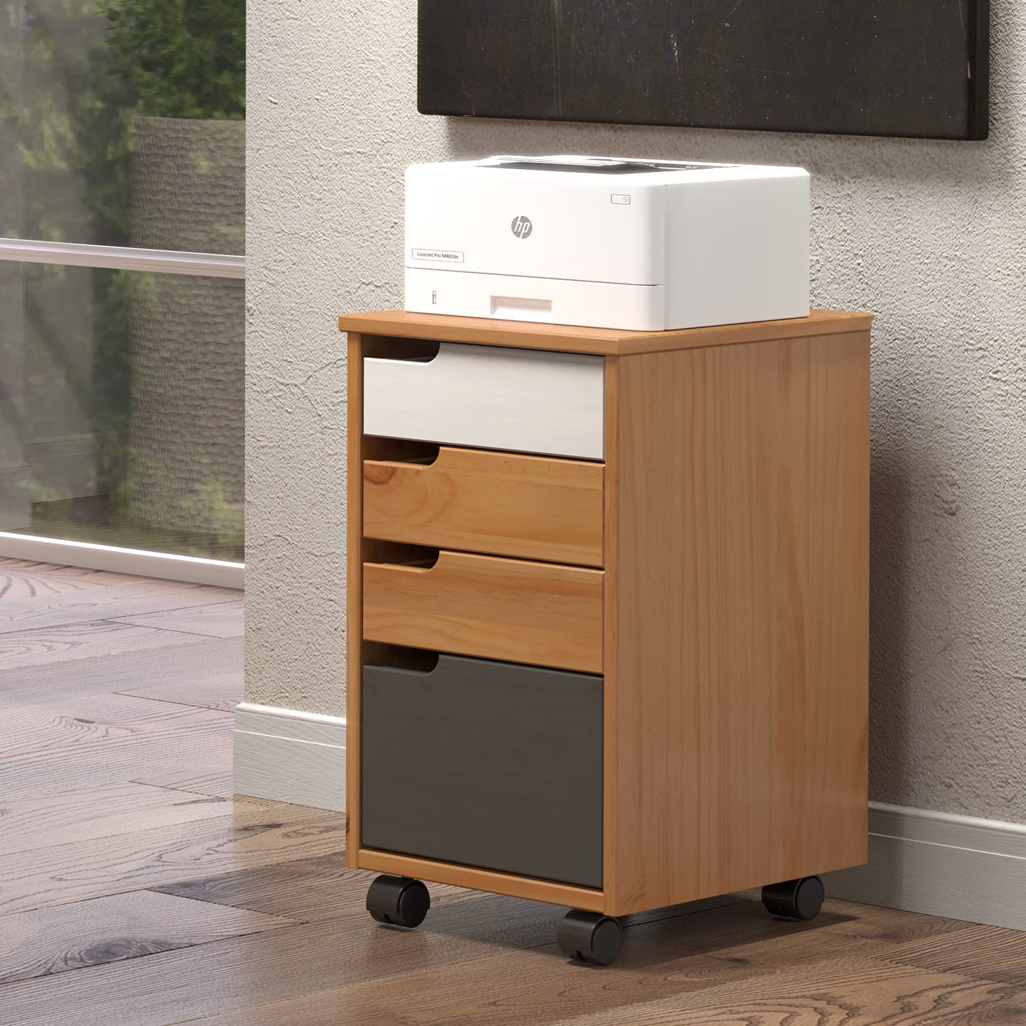 Inter-Furn 2044521B9 Rollcontainer, Kiefer Weiß/Grau/Honig, 32 x 56 x 38 cm
