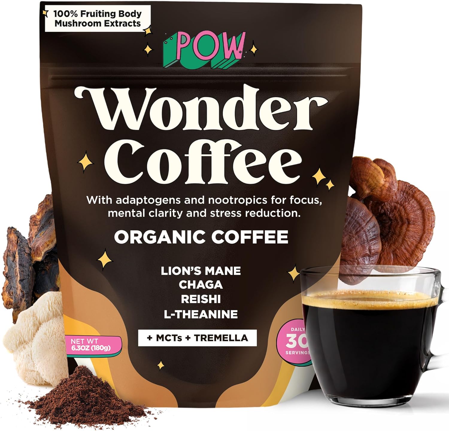 POW Wonder Coffee – Premium Adaptogenic Mushroom Coffee for Focus & Calm Energy with Lion’s Mane, Chaga, Reishi, Tremella & L-Theanine (50 mg Caffeine, 28 Servings) – Smooth Flavor, No Jitters, Vegan