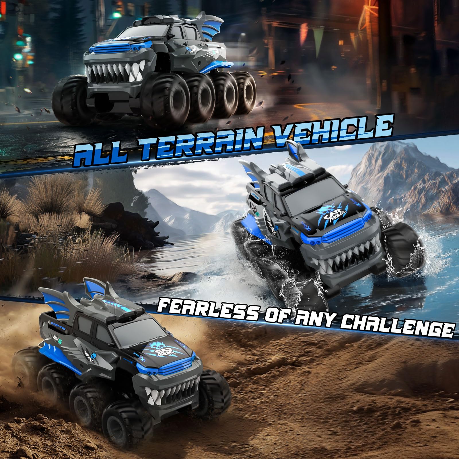Voiture télécommandée amphibie 8WD Tout Terrain – RC Monster Truck étanche pour Terre & Eau, 2 Batteries modulaires, 2.4GHz, Cascades 360°, Voiture radiocommandée Monstre dès 8 Ans