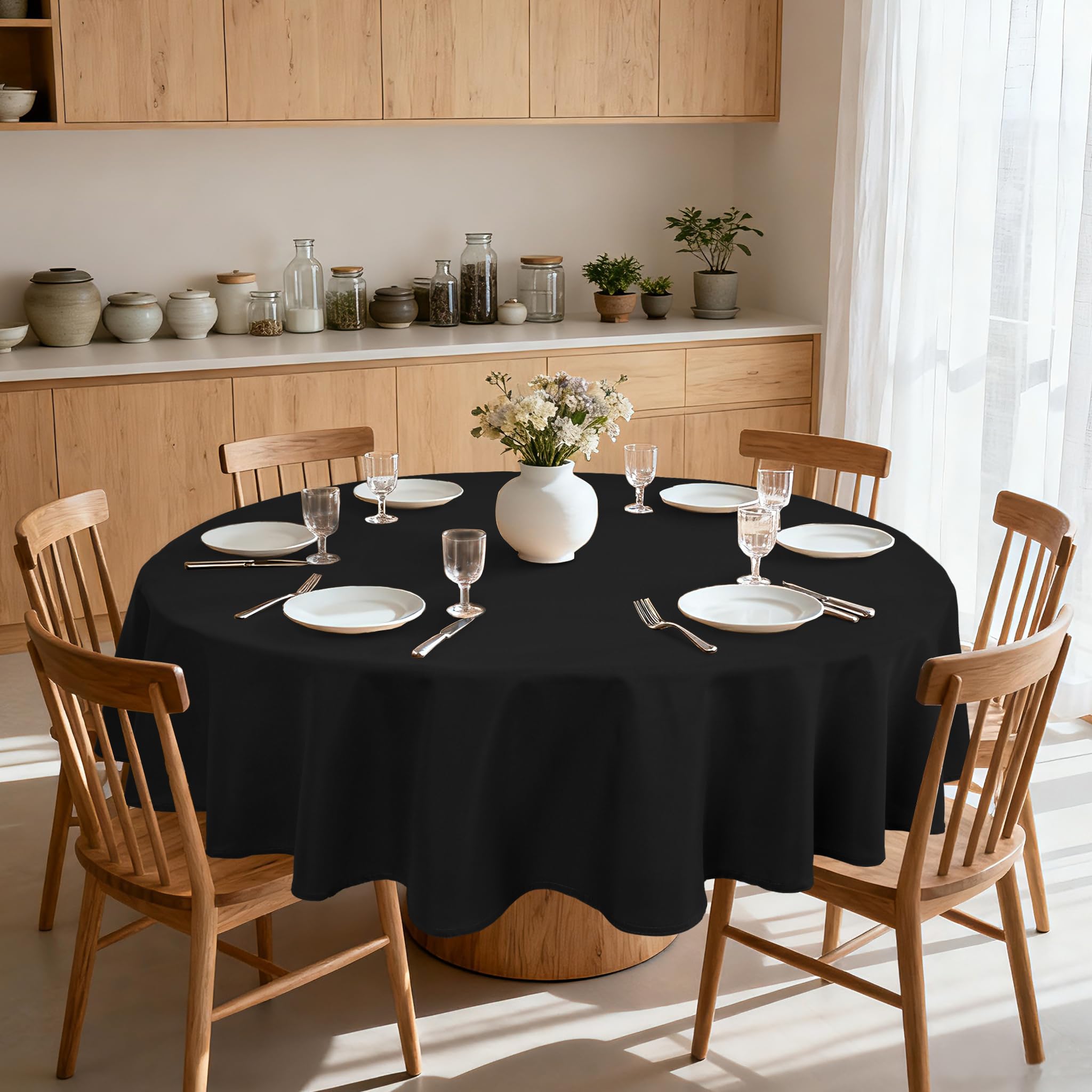 XWZO Round Black Tablecloth 108 Inch Polyester Table Cloth, Large Round Table Cover Waterproof Wipe Clean Spillproof for Kitchen Dining Wedding Outdoor Picnic Buffet Party