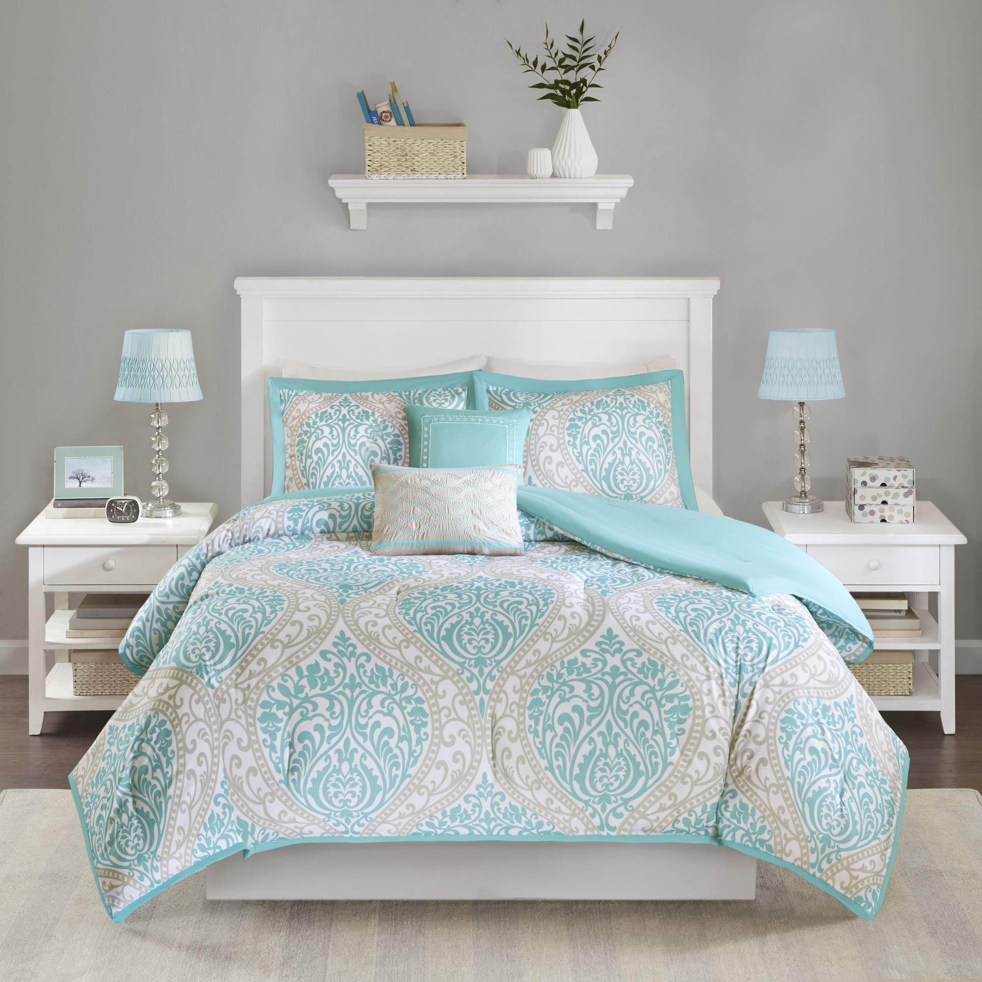 Intelligent DesignAll Season Teen Bedding Set Matching Shams, Decorative Pillow, Polyester, Aqua, King/Lime King