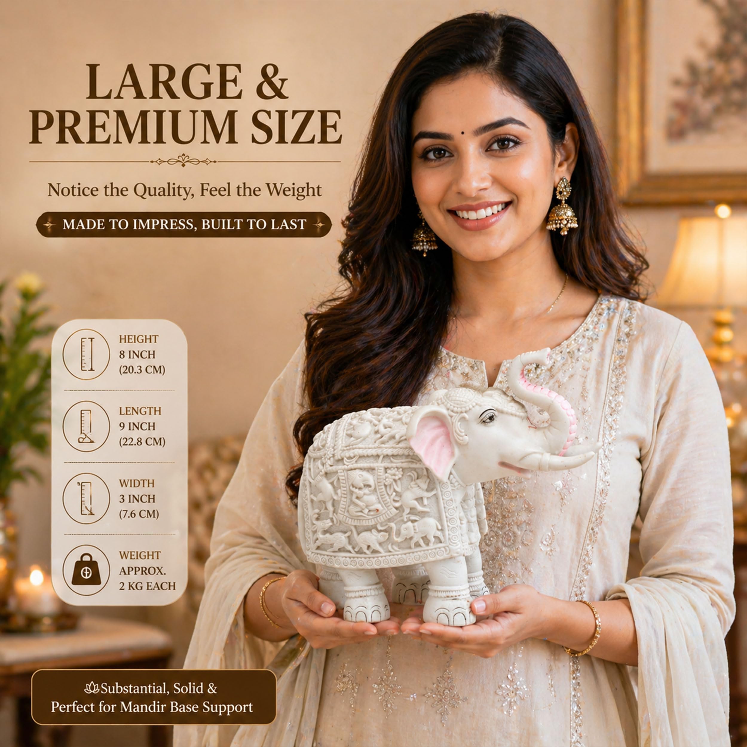 Heavy White Elephant Pair for Mandir Base & Home Temple Decor | 8x9 inch Solid Marble Dust Resin Elephant Statues for Corian Mandir Entrance | Vastu Showpiece Set for Living Room — photo — 4 of 7