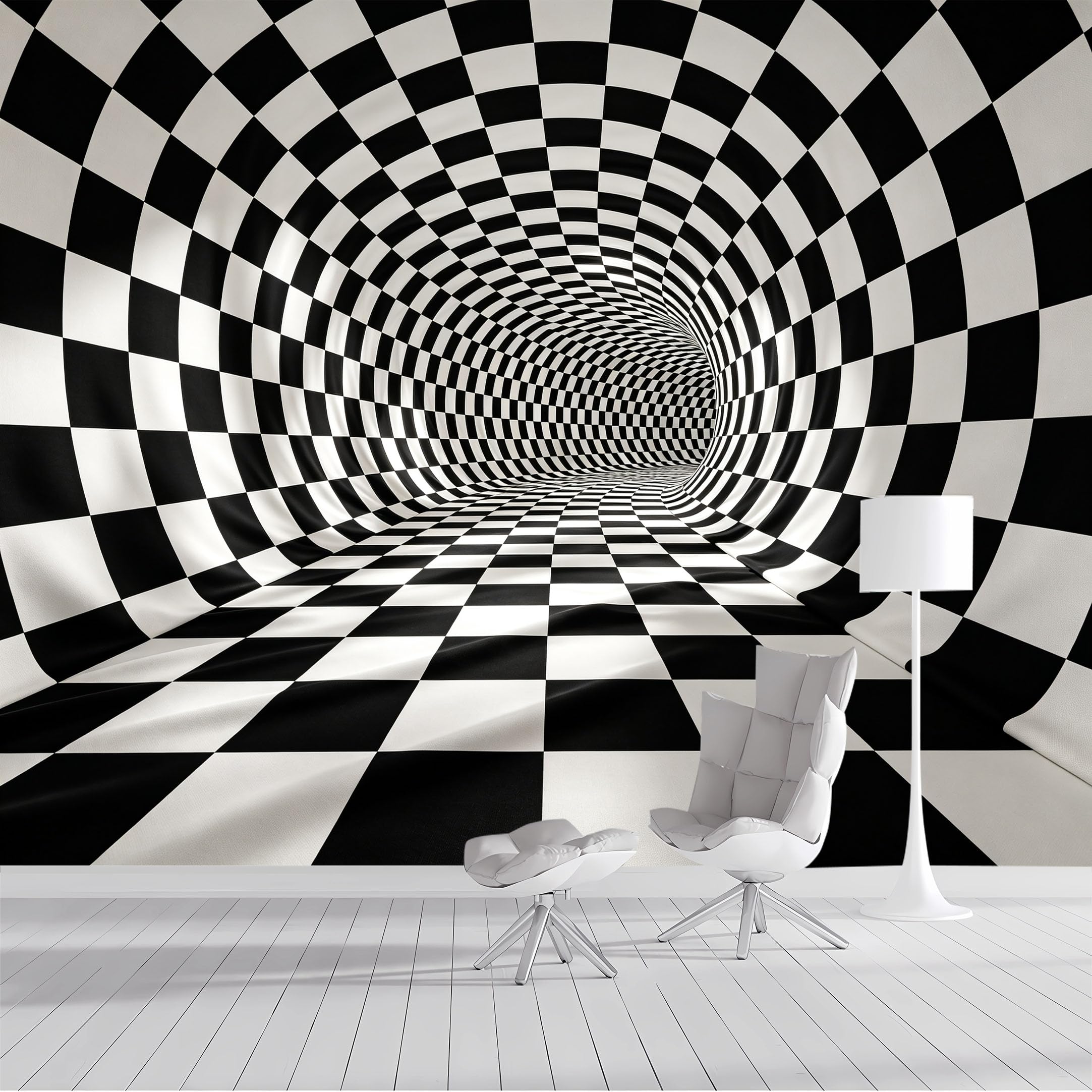 Yzpallescene Bh260711056 Custom Size Wall Mural Black White Checkerboard Tunnel Optical Illusion Geometric Selfadhesive Wall Fabric Removable Peel And Stick Wallpaper Wall Decor For Living Room