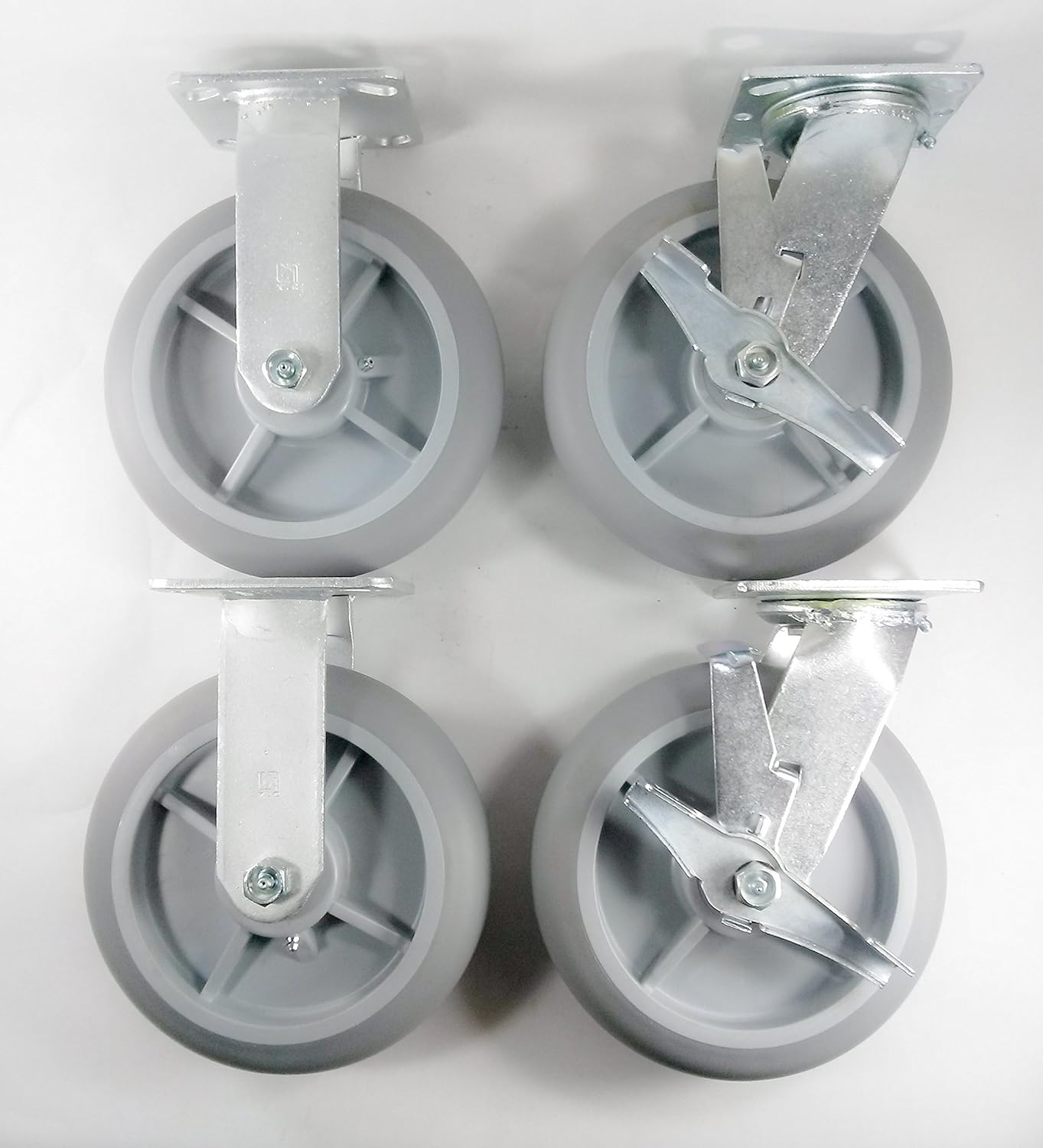 8" X 2" Non-Marking Rubber Caster (Round) - Rigid (2ea) & Swivel with Brake (2ea)