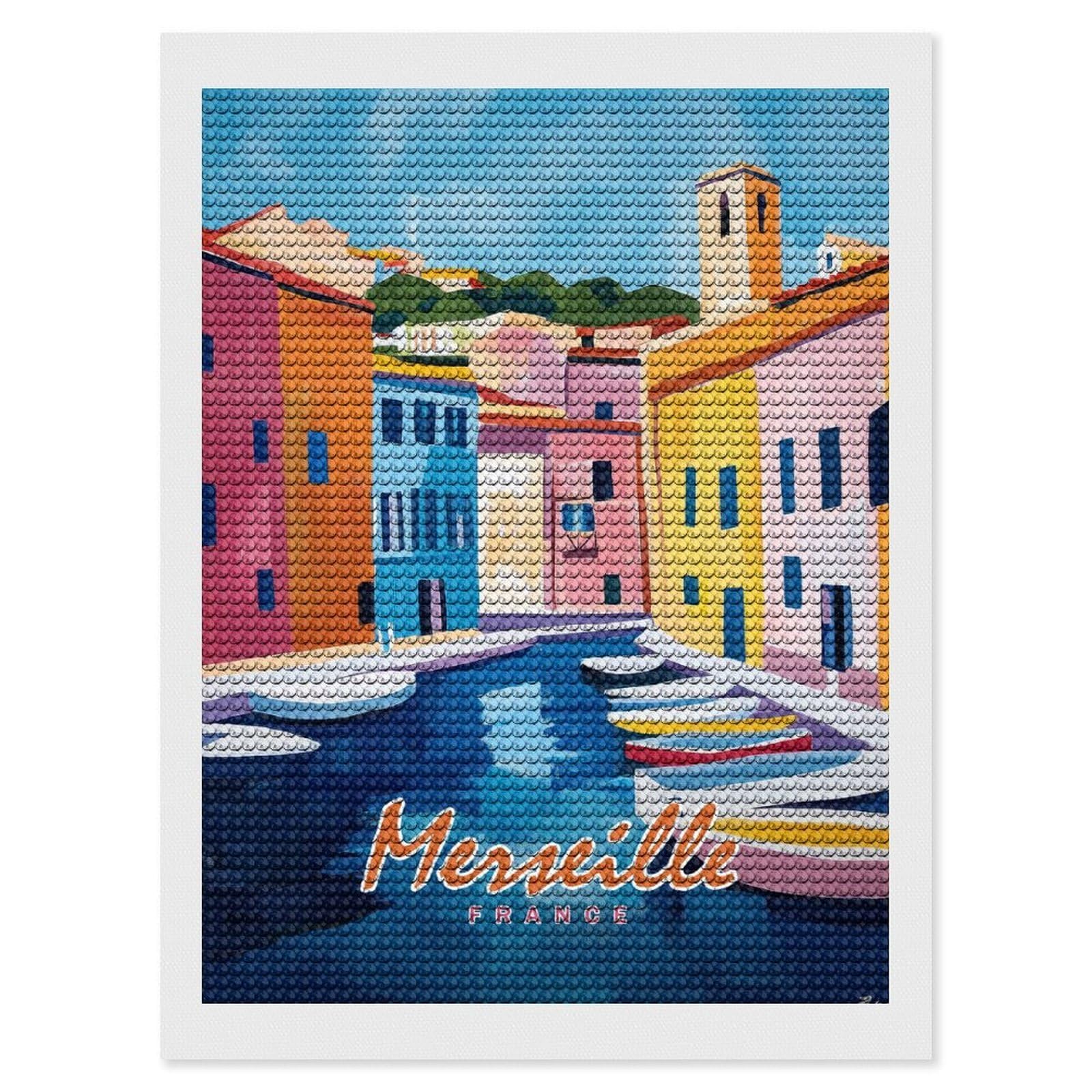 Junmoney Marseille Canal Painting DIY Diamond Art Canvas Kit 12"x16", Pleasing Wall Art Project, Easy Handmade Project, Living Room Decor