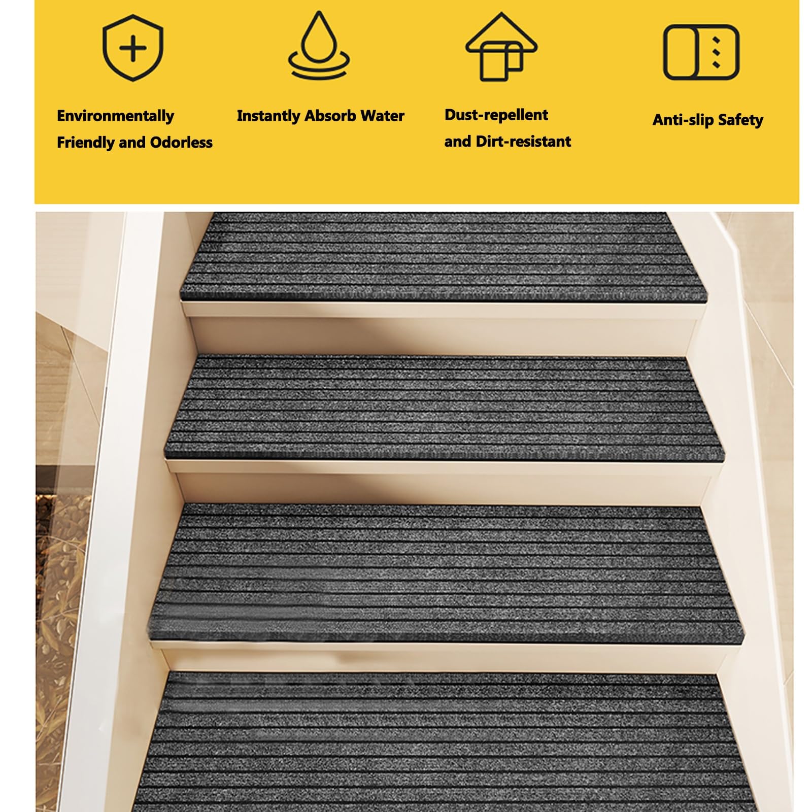 Peldaños antideslizantes de goma gris, 26 x 90 cm, ideal para uso en interiores, seguro para escalones de casa, antideslizante, fácil instalación
