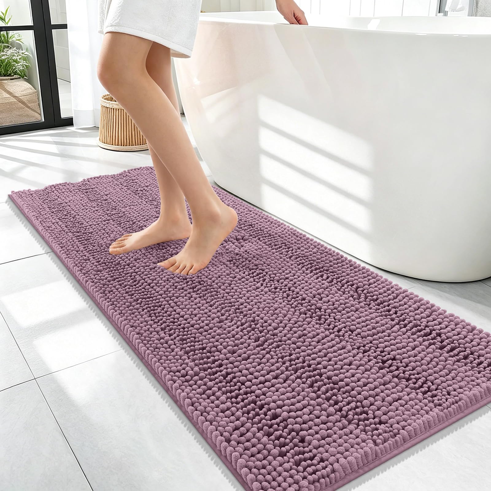 OLANLY Thick Bathroom Runner Rugs 47x17, Soft Chenille Bath Rugs, Deep Plum
