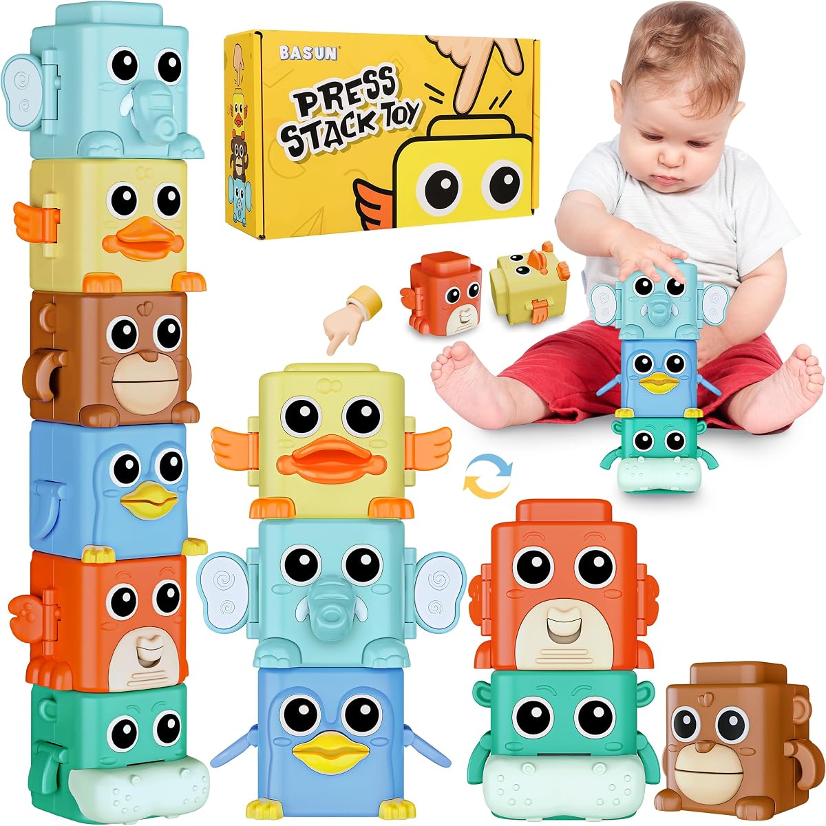 Juego de juguetes apilables Bloques apilables de animales sensoriales para niños de más de 18 meses | Juguete para bebé 6 en 1 con expresiones cambiantes, bloques apilables prensables, regalo de cumpleaños de Navidad para niños y niñas de 1, 2, 3 y 4 años