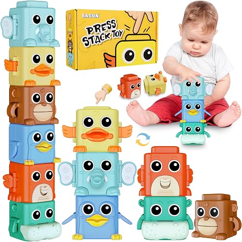 BASUN Stacking Toys Set for Toddlers 18+ Months, 6 in 1 Infant Sensory Toys with Changing Expressions, Pressable Animal Stacking Blocks, Christmas Birthday Gifts for 1 2 3 4 Years Old Baby Boys Girls