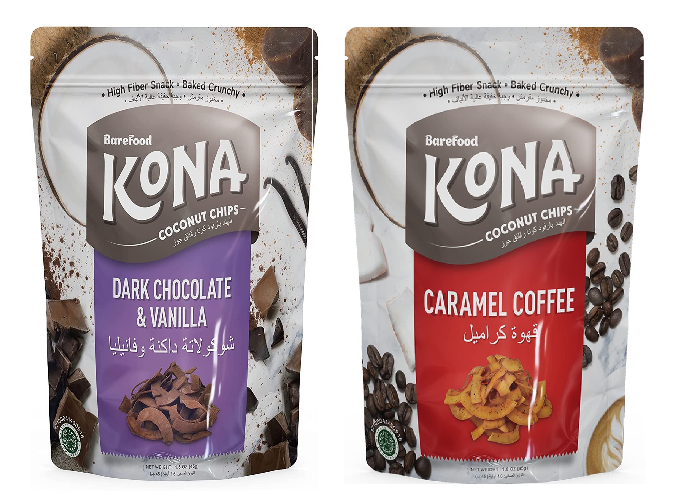 Barefood combo of Kona Coconut Chips Dark Chocolate Vanilla and Kona Coconut Chips Caramel Coffee Flavour/Gluten Free/Healthy Snacks (pack of 2, 45 gm each)
