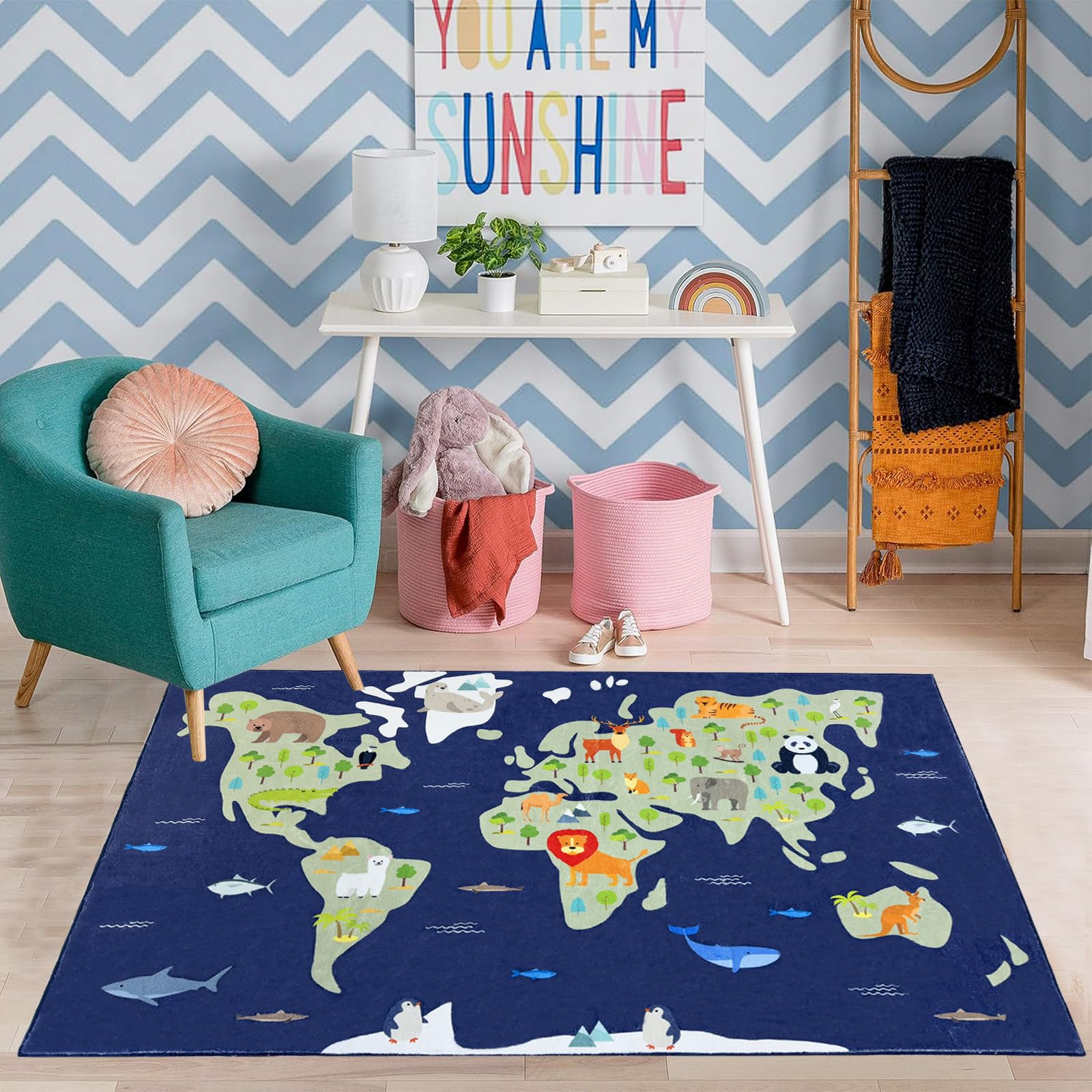 Lacomfy Kids Rug 3x5 Animals World Map Educational Children Carpet Sea Animals Playroom Rug Nonslip Soft Children Area Rug for Boys Girls Bedroom
