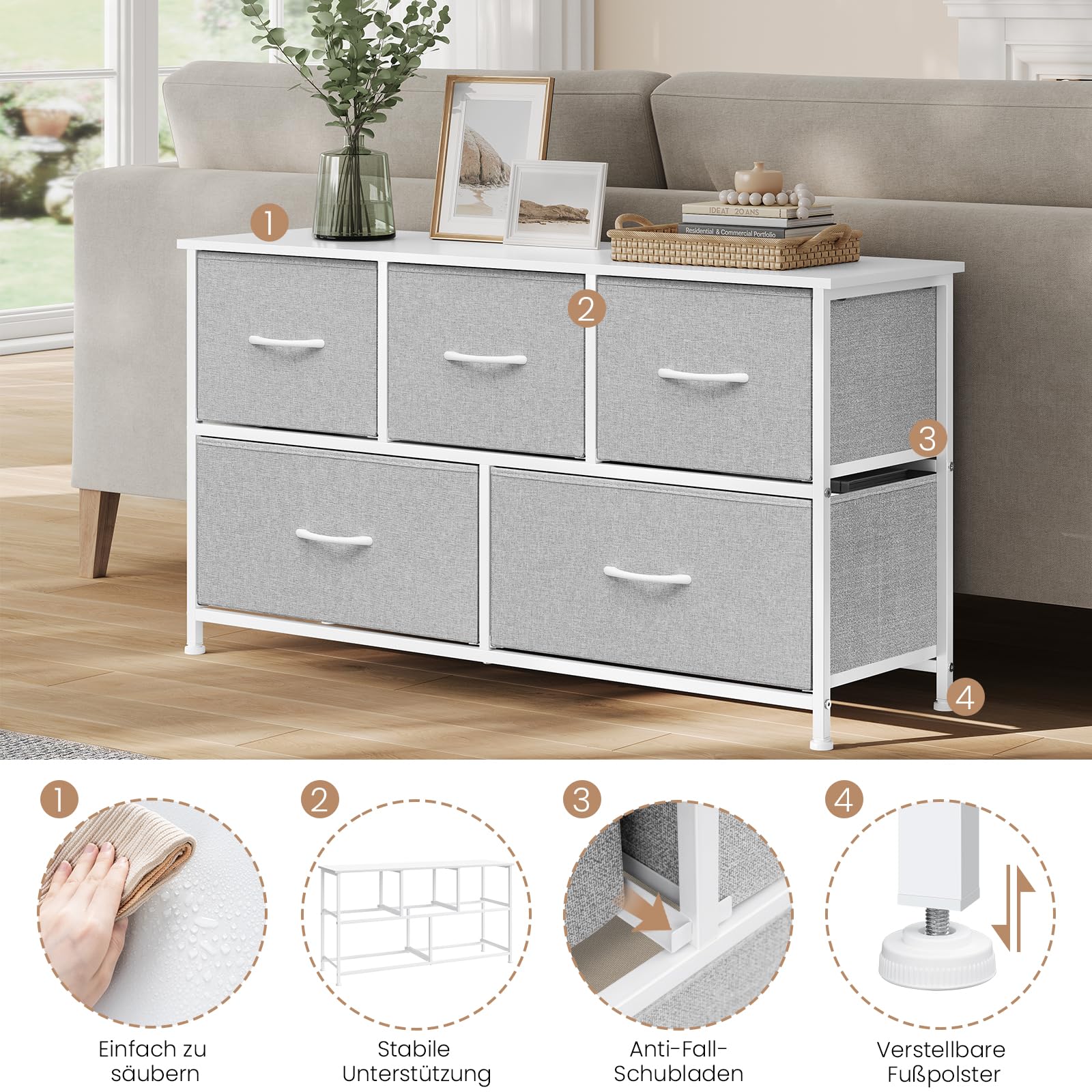 WOLTU Kommode mit 5 Schubladen aus Stoff, Kommodenschrank Sideboard TV-Schrank, für Wohnzimmer Schlafzimmer Flur, aus Metallrahmen Holzwerkstoff, Hellgrau+Weiß, SSK005hgws