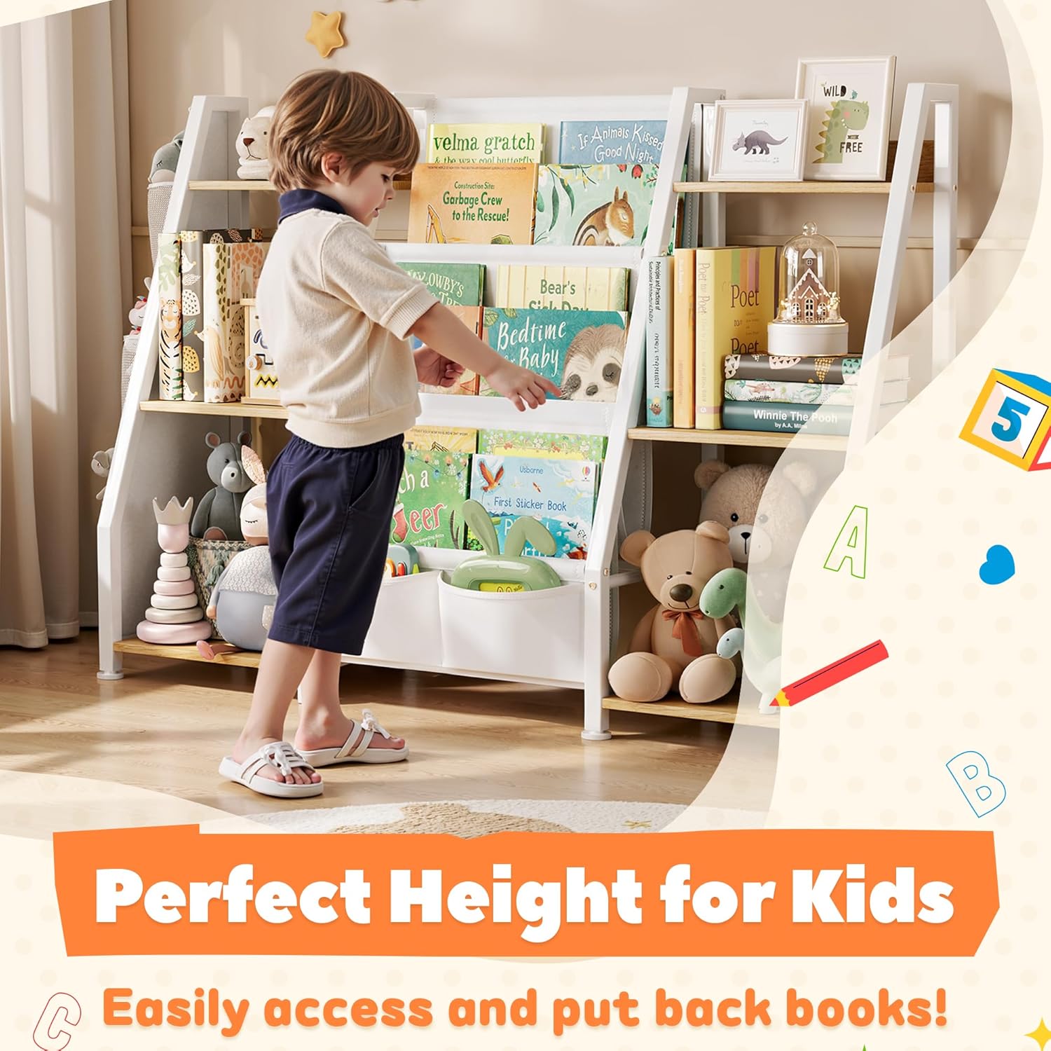 Kids Bookshelf and Toy Organizer: 3-Tier Book Shelf for Kids Room, Sling Book Shelf Toddler Montessori Bookcase with Toy Storage for Nursery, Bedroom, Playroom (Burlywood) - Image 4