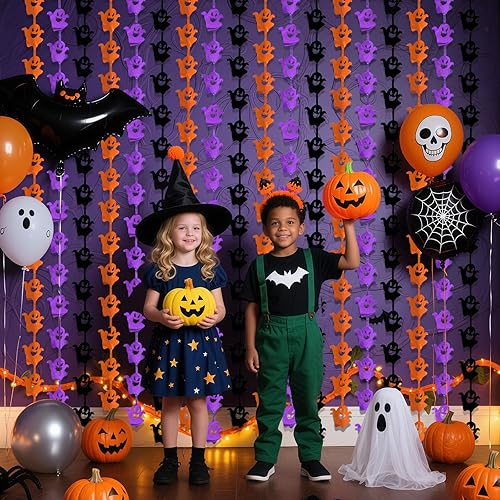 Miniatura 6 de ADLKGG Decoraciones de fiesta de Halloween, 2 cortinas de flecos de papel de aluminio con patrón de fantasma naranja, morado, negro, accesorios