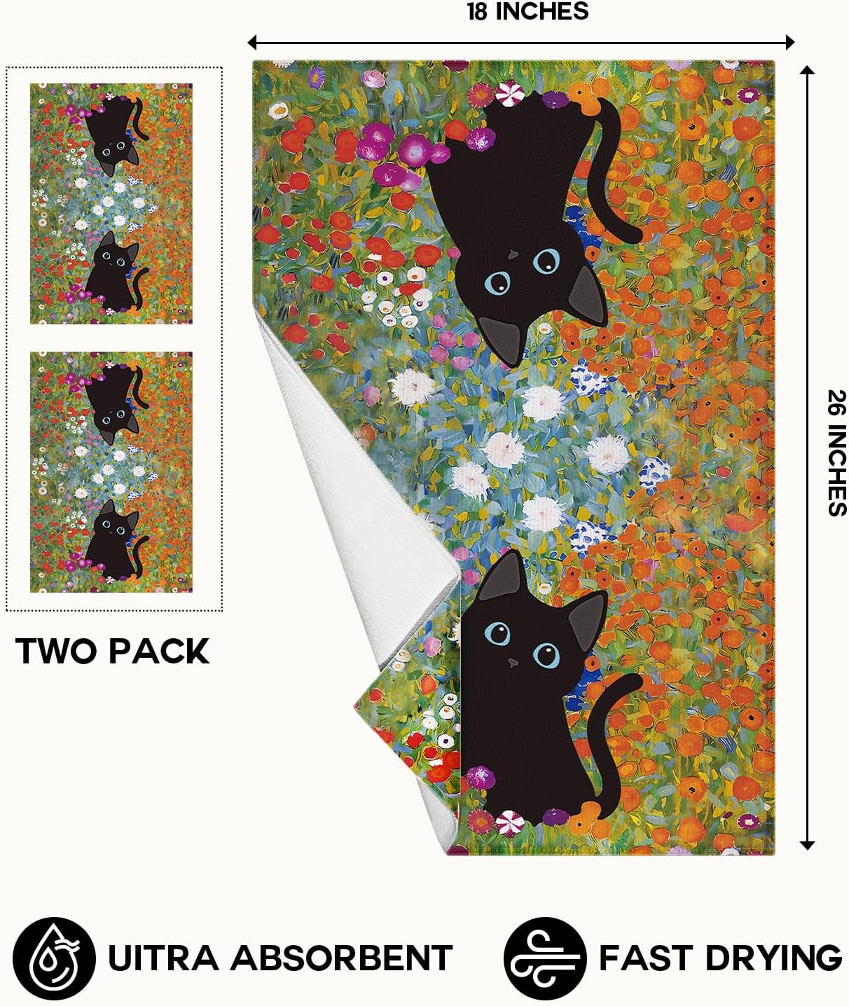 Cute Kitchen Towels Set of 2 - Dish Towels 18 x 26 Inch Microfiber Tea Towel for Home Decorative Black Cat Flower Spring Farmhouse Soft Reusable & Absorbent Aesthetic Vintage Design - Image 5