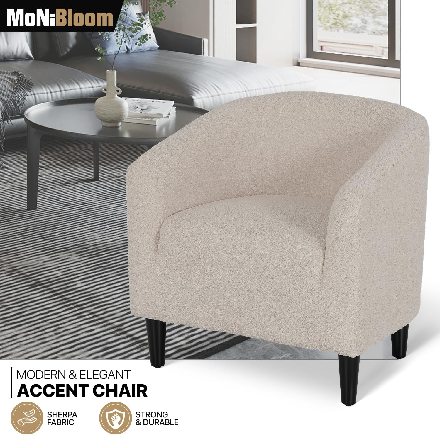 MoNiBloom Accent Barrel Chair, Boucle Fabric Accent Chair, Modern Sherpa Elegant Armchair with Cozy Soft Padded, 300lbs Capacity Compact Sofa Chair for Living Room, Bedroom, Office, Light Gray
