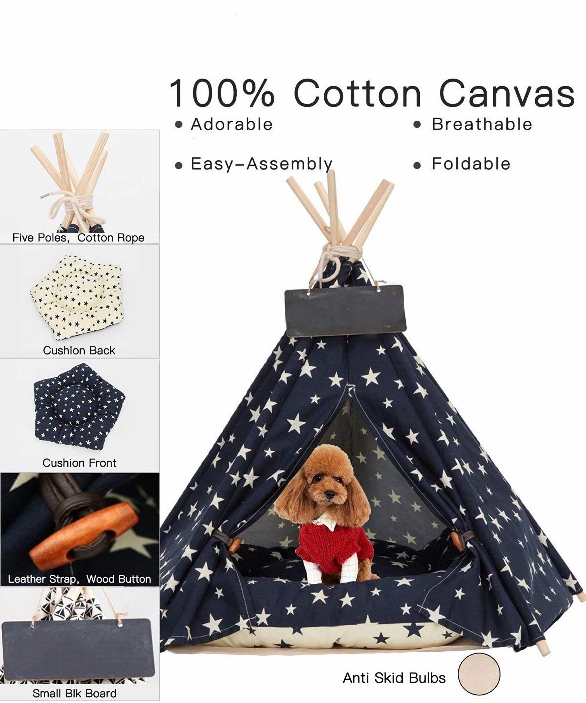 SEOUGEE Tienda de campaña para perros y gatos, lavable y extraíble, lona de algodón, cama para perros y gatos, con cojín, interior y exterior, caseta para mascotas y casa de juegos, portátil y