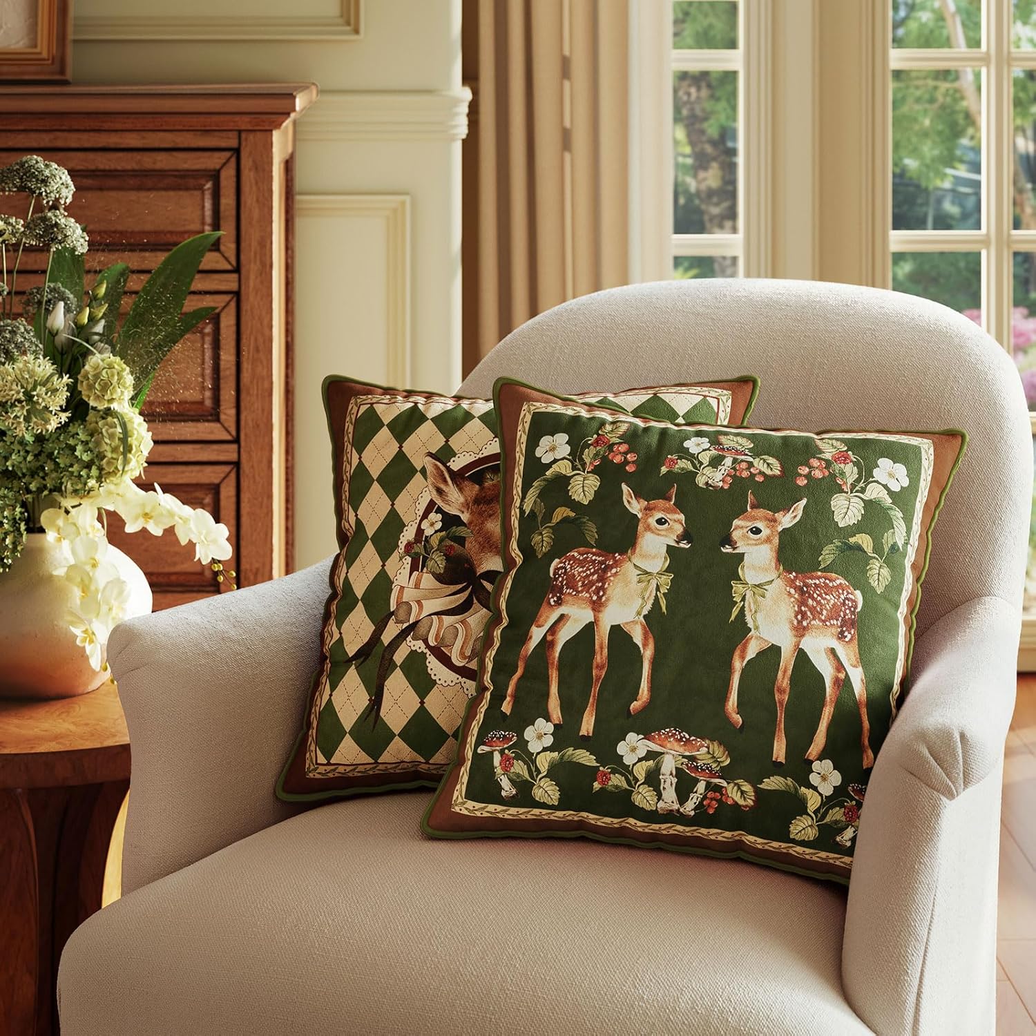 Spring Holly Deer Green Pillow Cover, Velvet Euro Sham Covers Decorative Throw Pillow Covers 18x18 for Couch Sofa Bed Living Room - Image 8