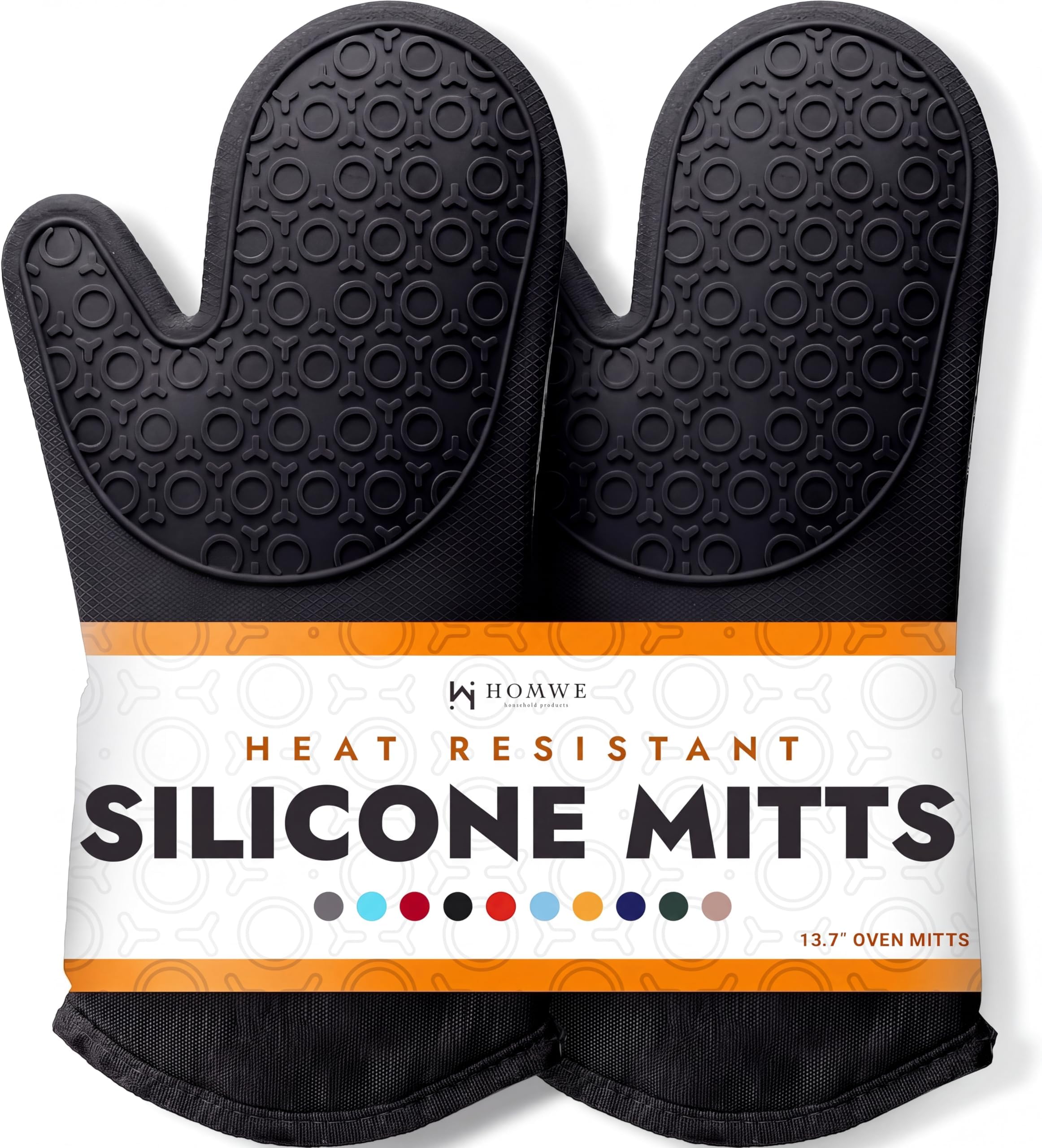 HOMWE Extra Long Professional Silicone Oven Mitt, Oven Mitts with Quilted Liner, Heat Resistant Pot Holders, Flexible Oven Gloves, 1 Pair (Black, 13.7 inch)