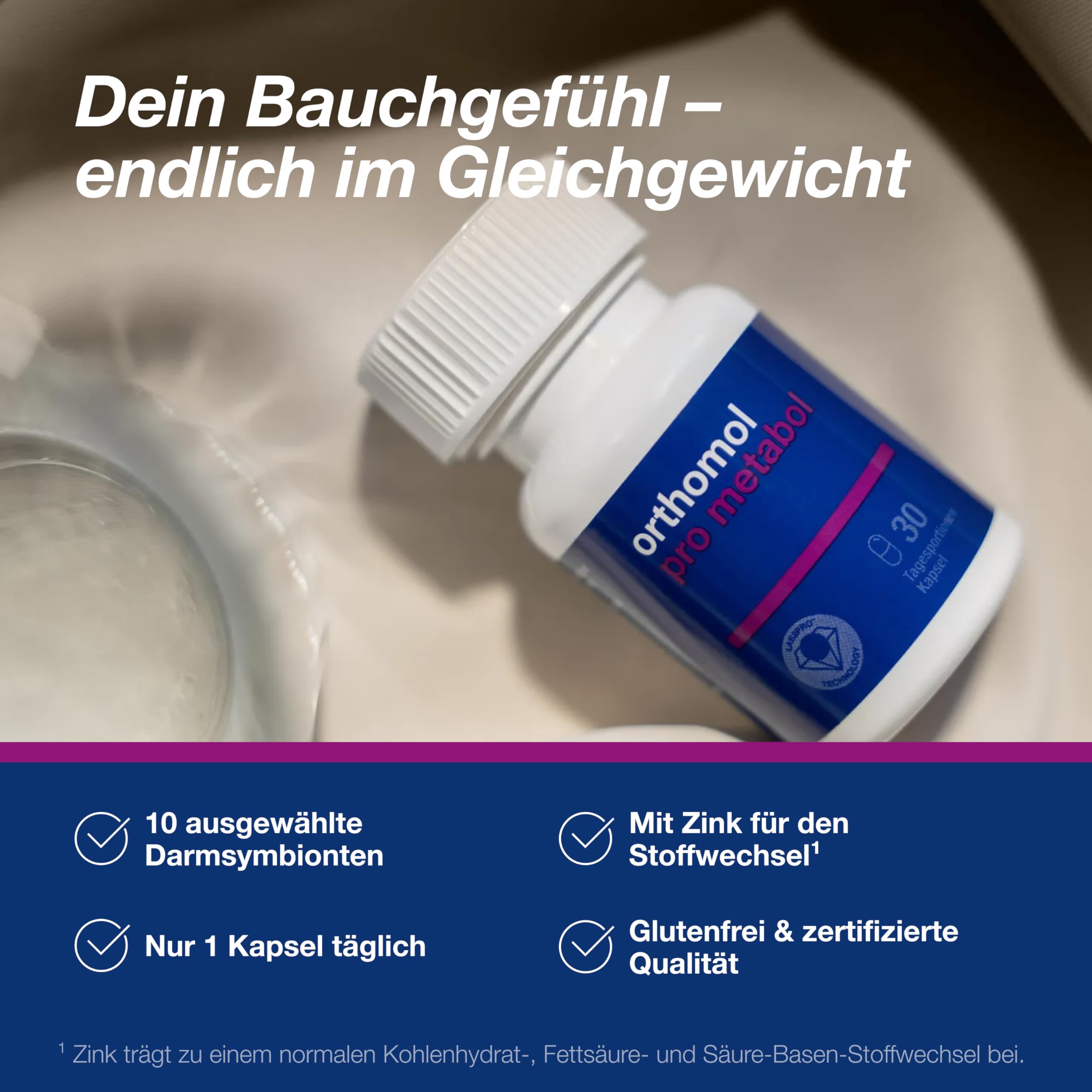 Orthomol Pro metabol: Nahrungsergänzung mit 10 ausgewählten Darmsymbionten + Zink zur Unterstützung des Darms, u. a. im Rahmen des Gewichtsmanagements, 30 Kapseln