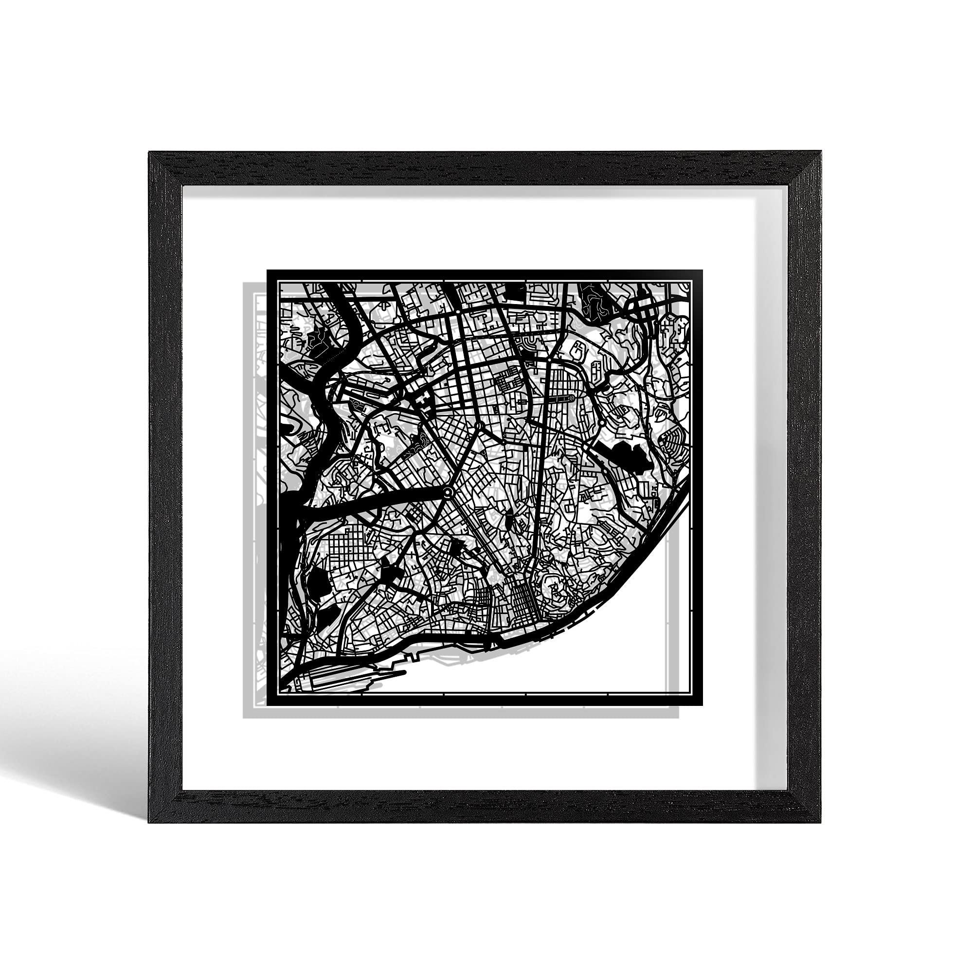 O3 DESIGN STUDIO Lisbon Paper Cut Map framed, Black map, Black frame, 23x23 cm, Gift Boxed, 2 background color, self-changing, Paper Art