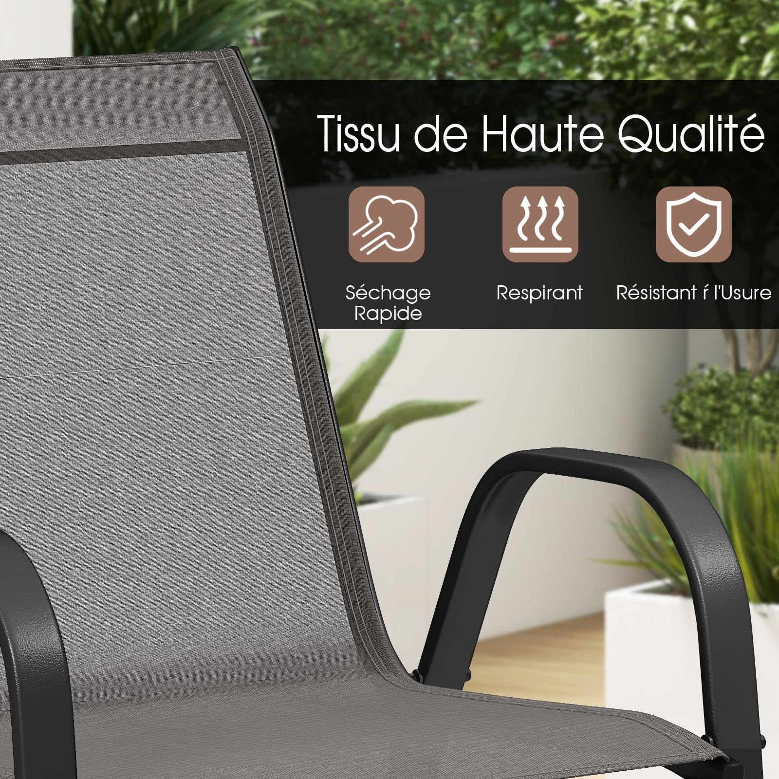 GIANTEX Lot de 2 Chaises de Jardin Extérieures, Chaise de Salle à Manger Empilables Cadre en Acier avec Mains Courantes, Fauteuil d'Extérieur avec Dossier et Siège Ergonomiques (Gris)