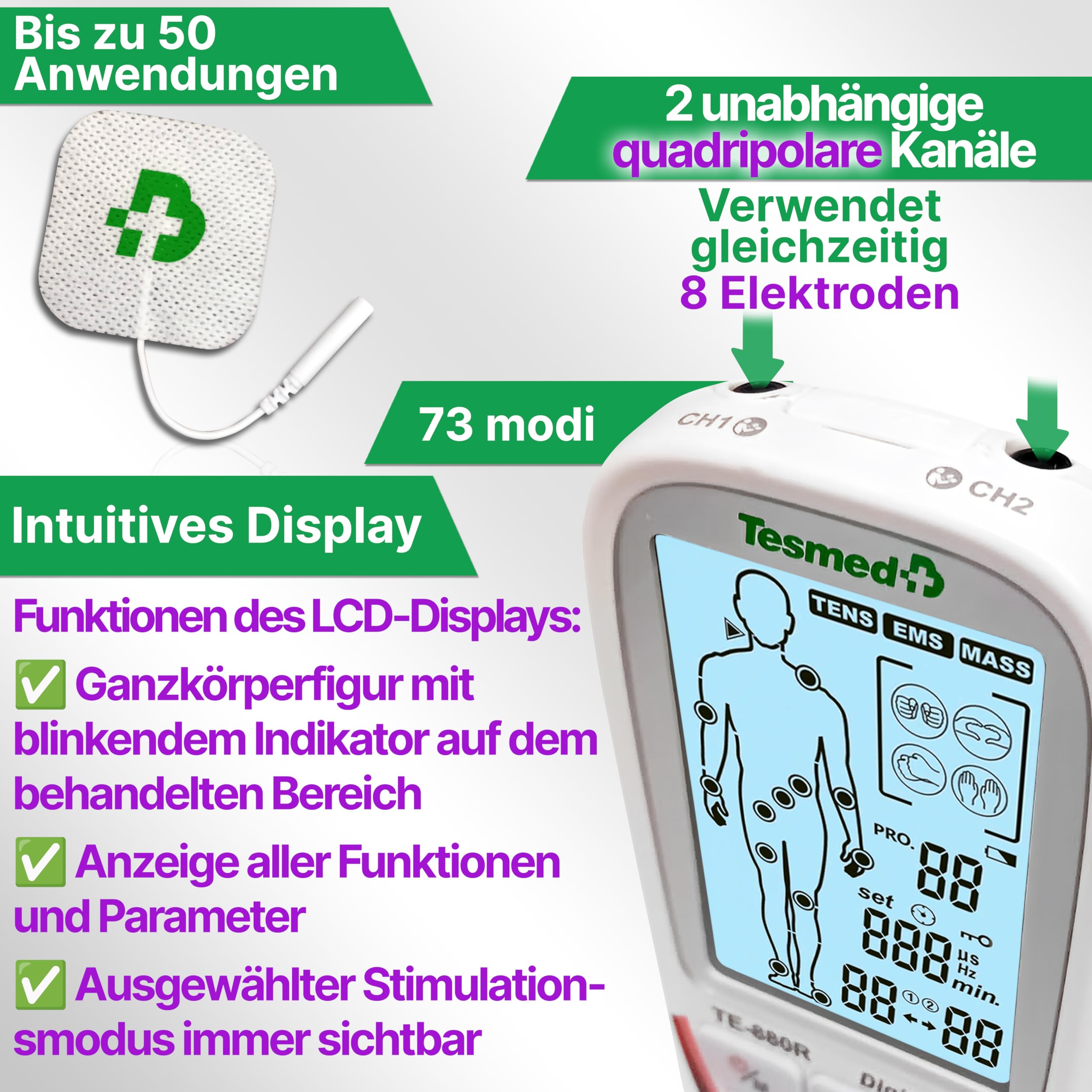 TESMED TE-880R Plus TENS, EMS & Massagegerät, Wiederaufladbar | 73 Programme, davon 2 anpassbar, und 8 Elektroden.