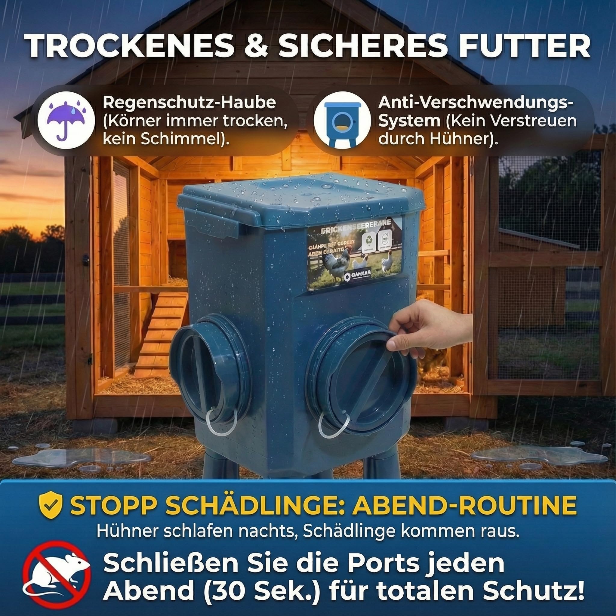 Kit Hühner-Futterautomat & Tränke 12KG/11L – Schädlingssicher, Automatikventil, Anti-Cyanobakterien, Ideal für Mikro-Farmen & Hobbybetriebe, Lange Autonomie, Weniger Nachfüllungen, Robuste