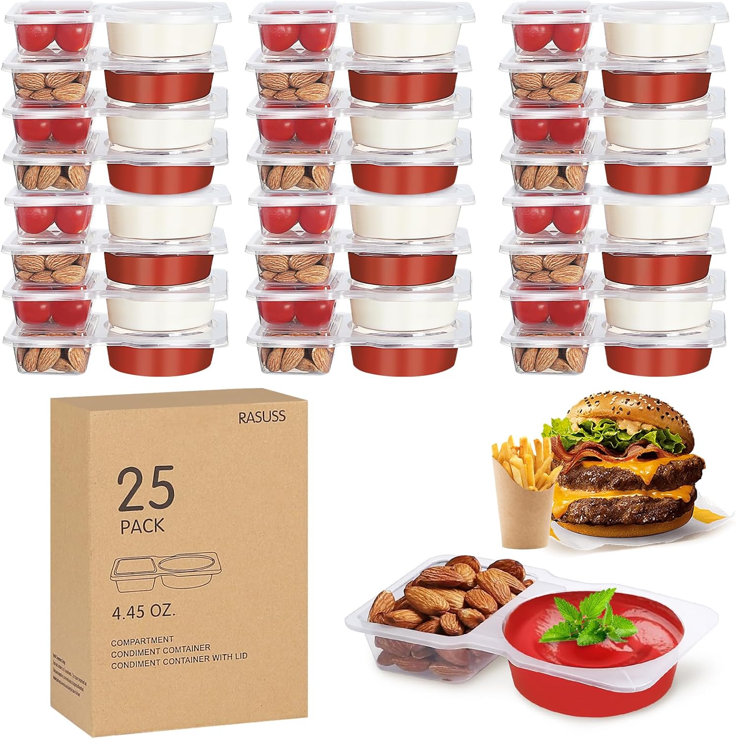 25 Sets Condiment Container with Lid, Double Compartment Snackle Box Container with Lids – Leak-Proof BPA-Free Food Storage, Meal Prep & Travel Snacks,School Lunches，Meal Prep, Takeout