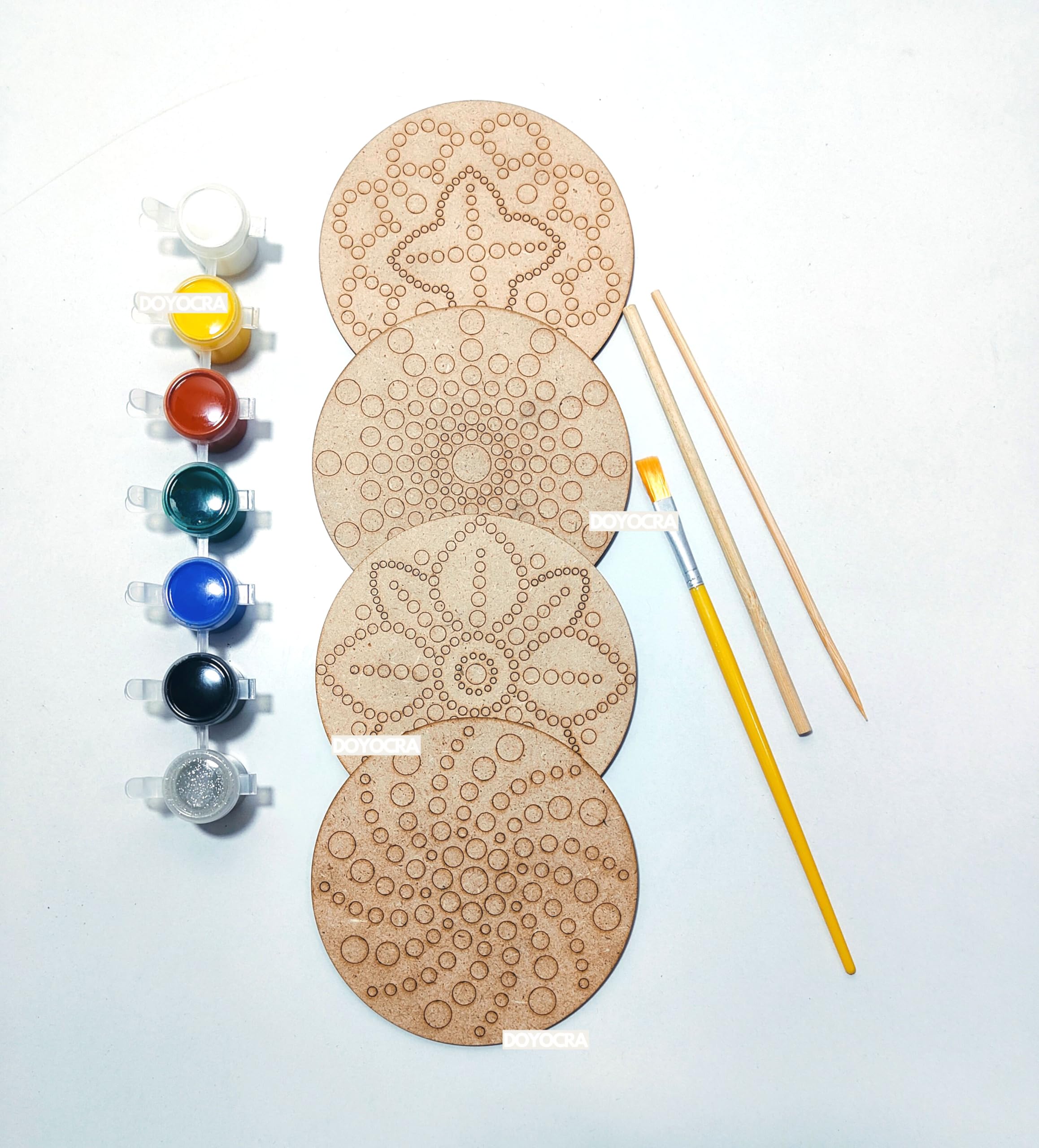 DOYOCRA 4 Pre Marked Dot Mandala Painting Kit 10 Cm Round MDF Cut Out with 2.5 mm Thickness Hobby Coloring Good for Gifting for Ages 3 Years and Above Boys and Girls Perfect Mandala Art kit.