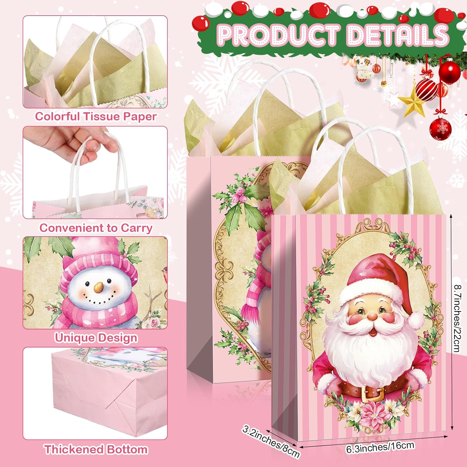 Pasimy 30 Pack Pink Christmas Gift Bags with Tissue Paper, Party Favor Bags with Handles, 6 Vintage Designs (Santa Claus, Snowman, Wreath), Holiday Treat Bag for Gift Wrapping & Party Decor
