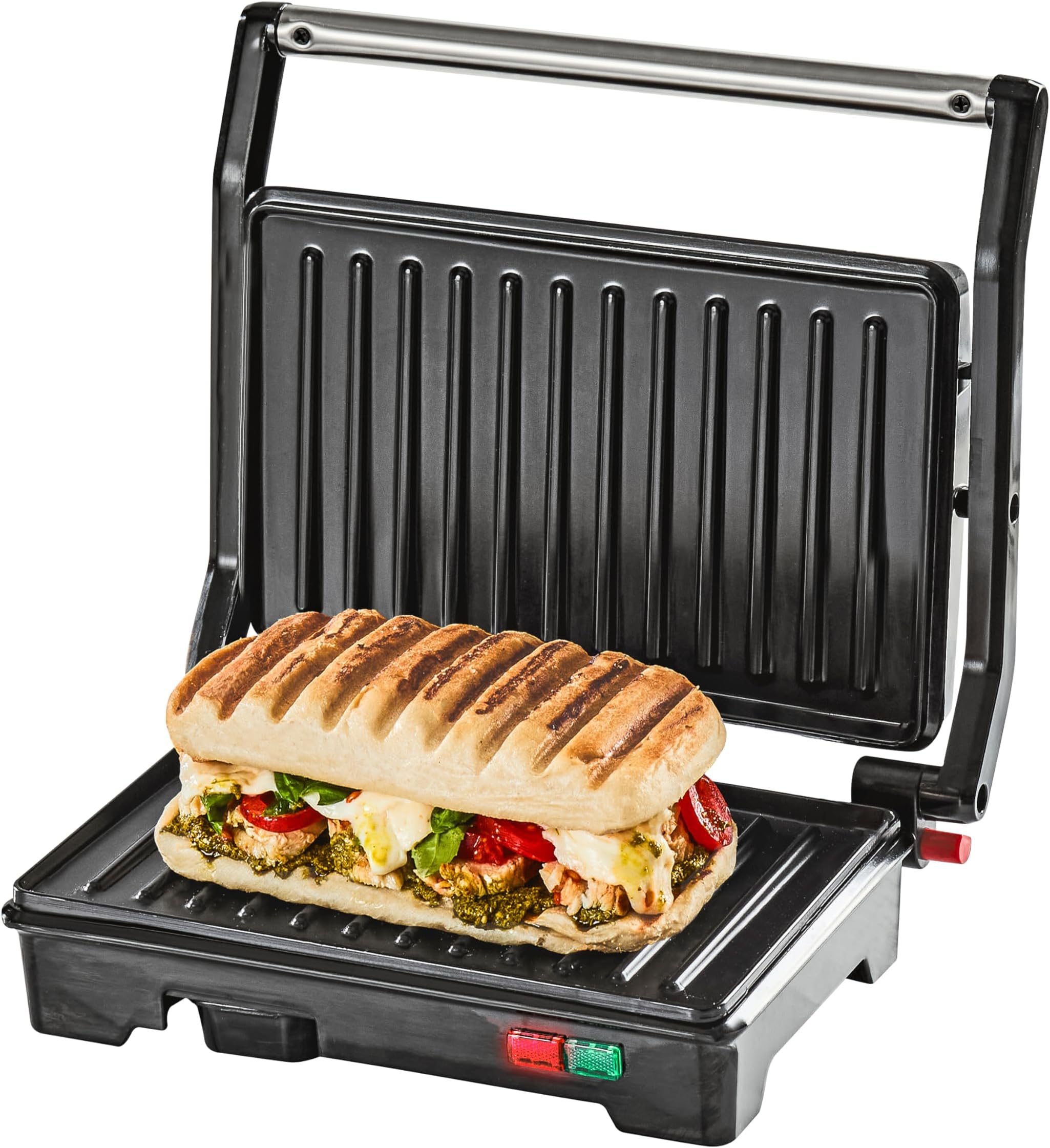 34340 Panini Press and Grill Sandwich Maker/Compact Stainless Steel Design/Non-Stick Hotplates/Cool Touch Floating Hinge Handle/Automatic Temperature Control