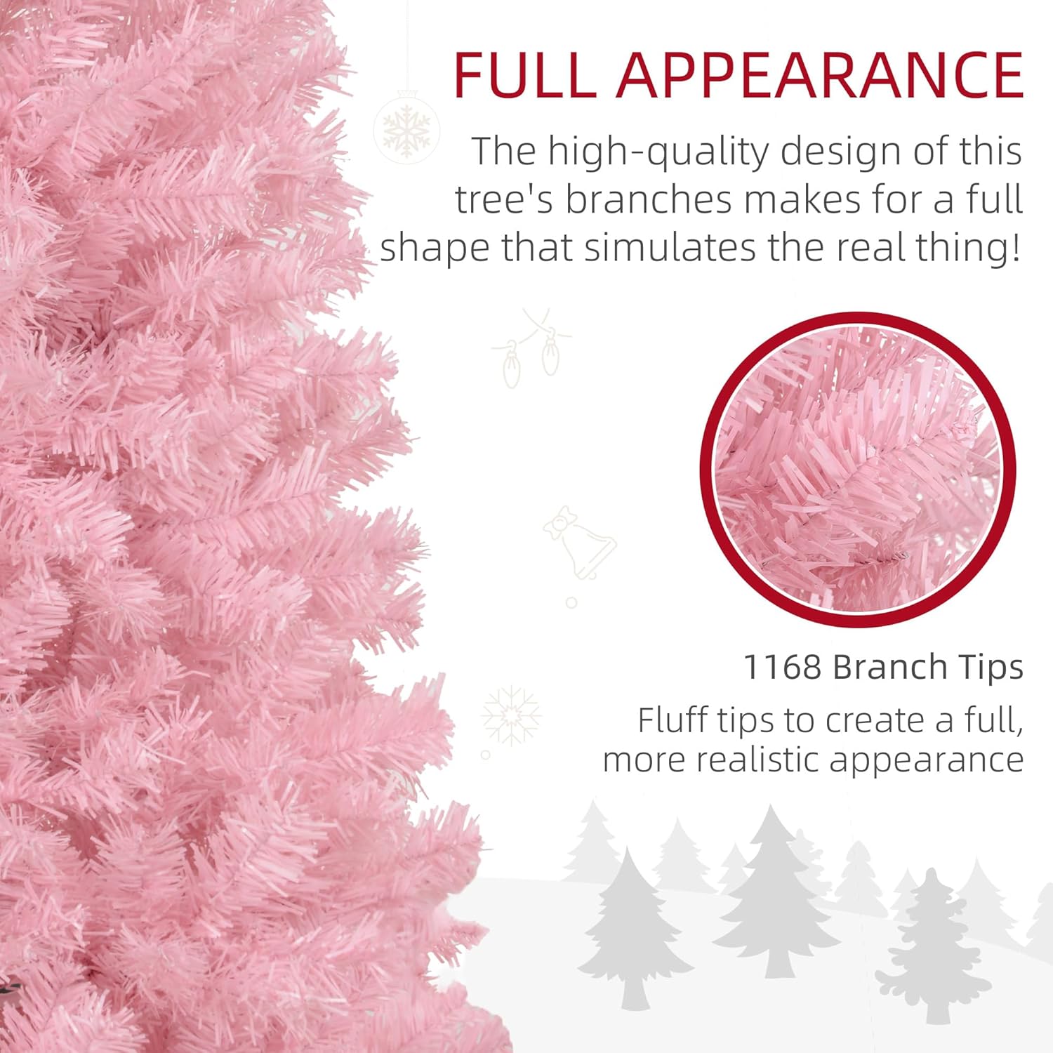HOMCOM 8ft Douglas Fir Pencil Christmas Tree, Slim Artificial Christmas Tree with 1168 Branch Tips and Metal Stand, Skinny Hinged Xmas Tree for Home Party Holiday Decoration, Pink