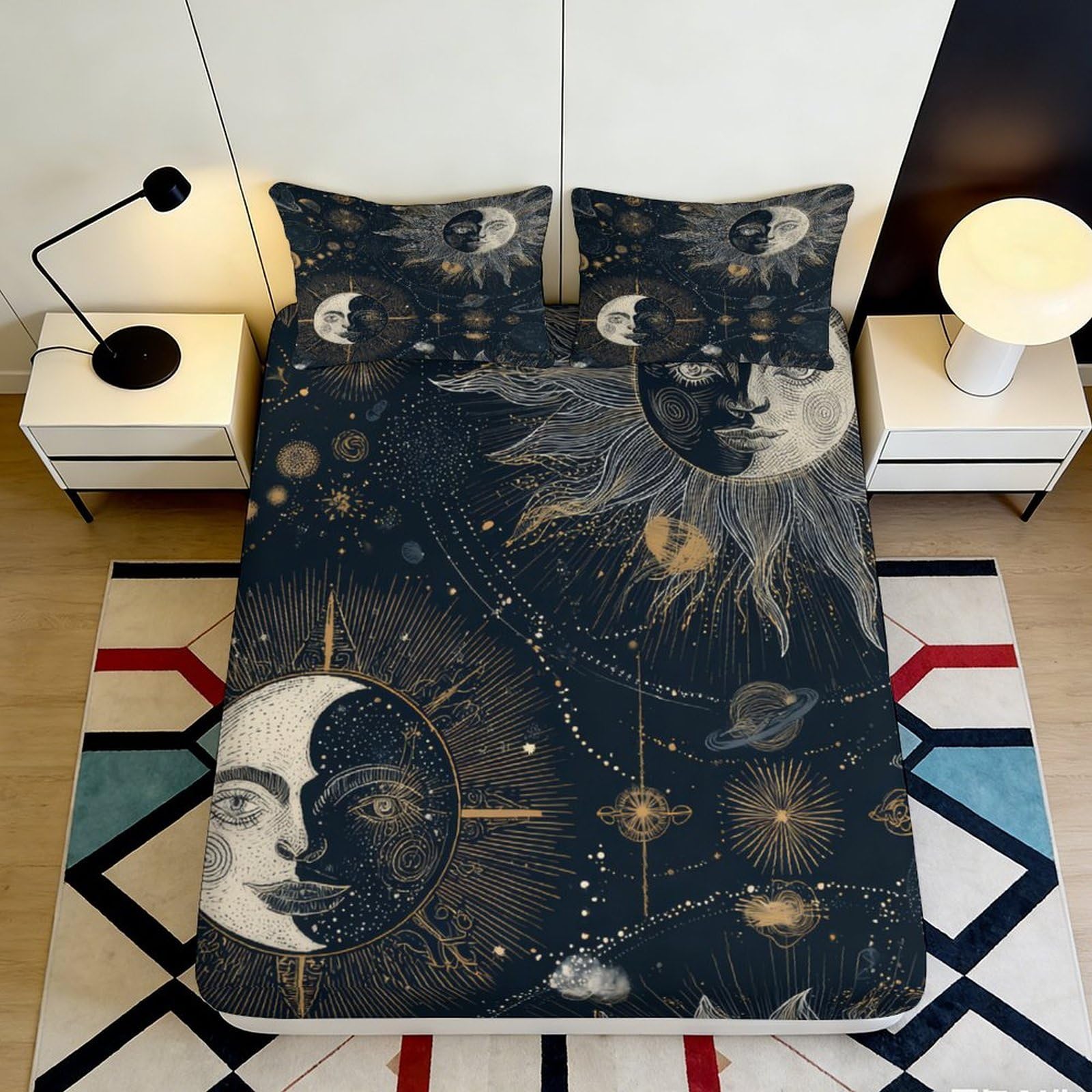 Pnayamiorkfel Style-8 3D Printed Celestial Sun Moon Fitted Sheet Microfiber Dark Blue Gold Cosmic Planet Mattress Cover Bedroom Decor 90X200x25cm