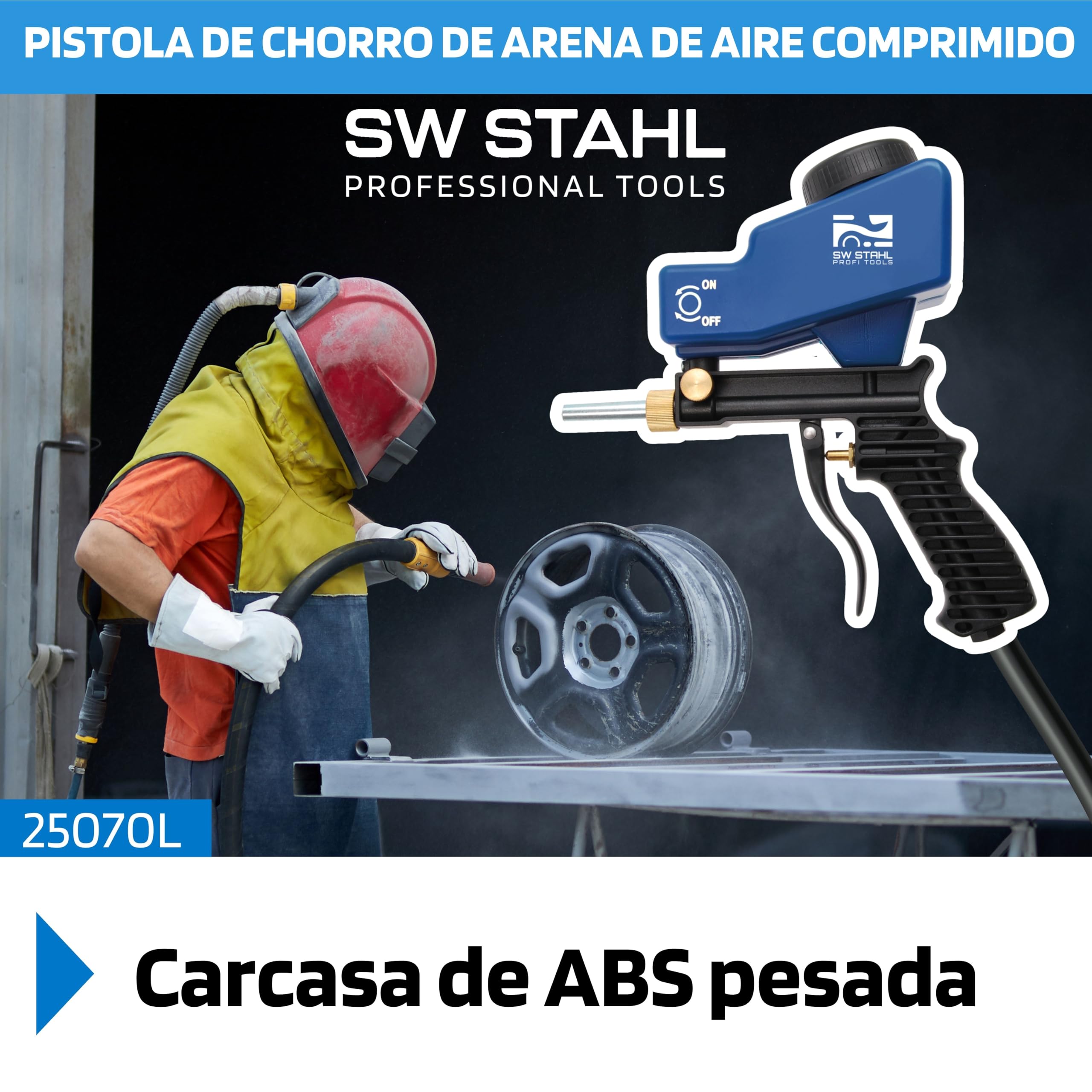 SW Stahl 25070L Pistola de Chorro de Arena Neumática con Depósito | Herramienta de aire comprimido para limpieza y decapado, compatible con compresores estándar y boquillas de recambio