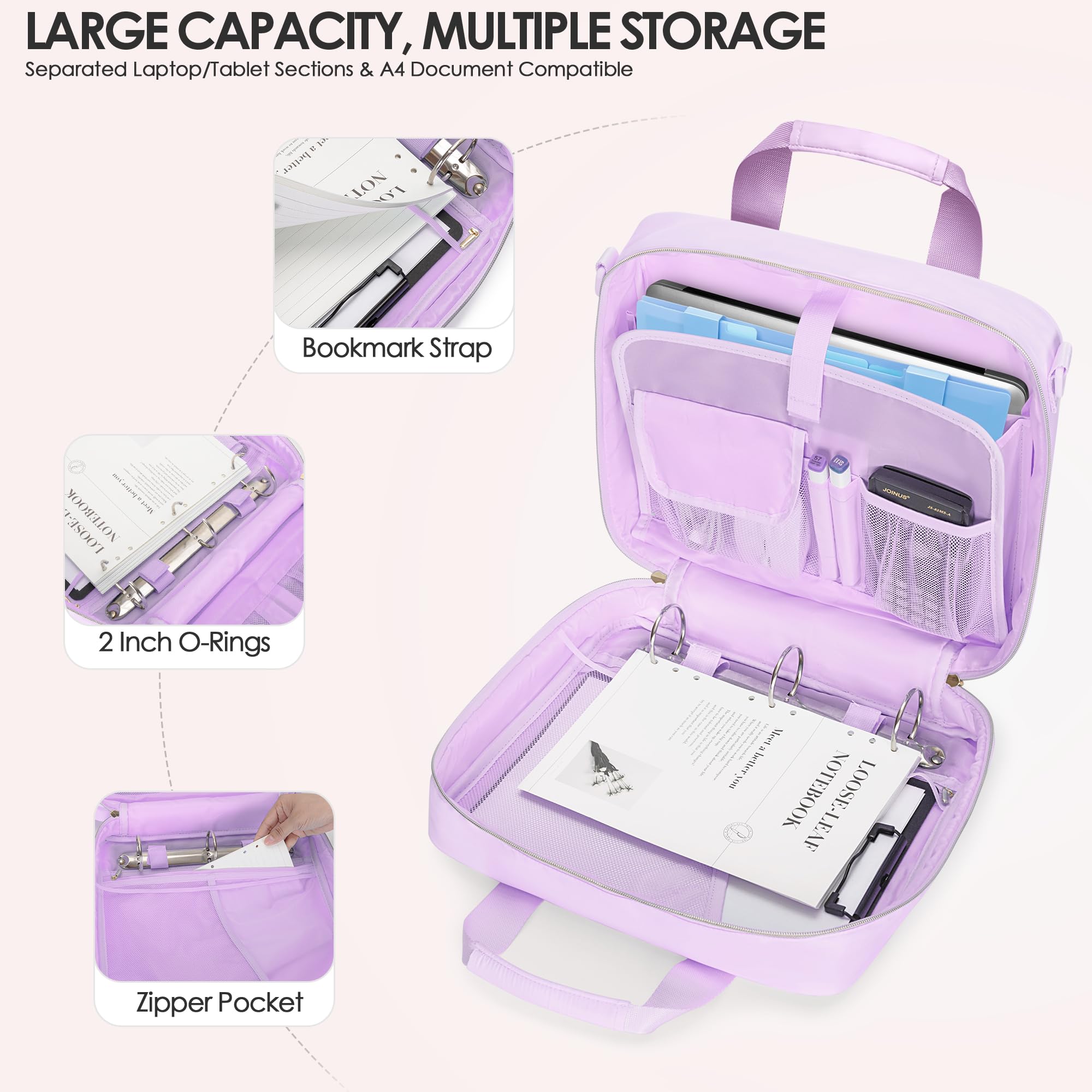 Raccoglitore a 3 anelli con cerniera, 5 cm, con tracolla, per laptop da 13 pollici e 500 fogli, viola (solo borsa vuota)