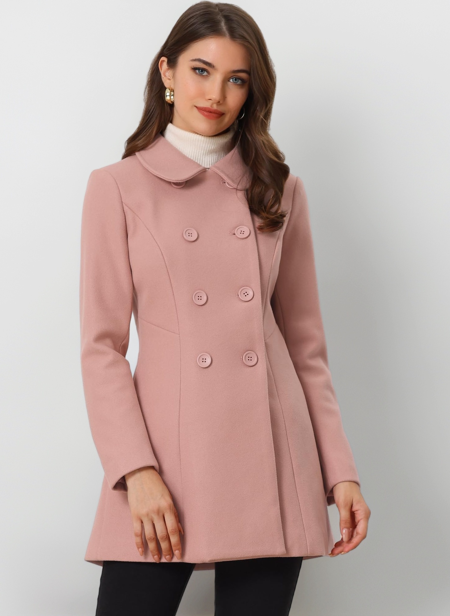 Allegra K Women's Peter Pan Collar Double Breasted Winter Long Trench Pea Coat