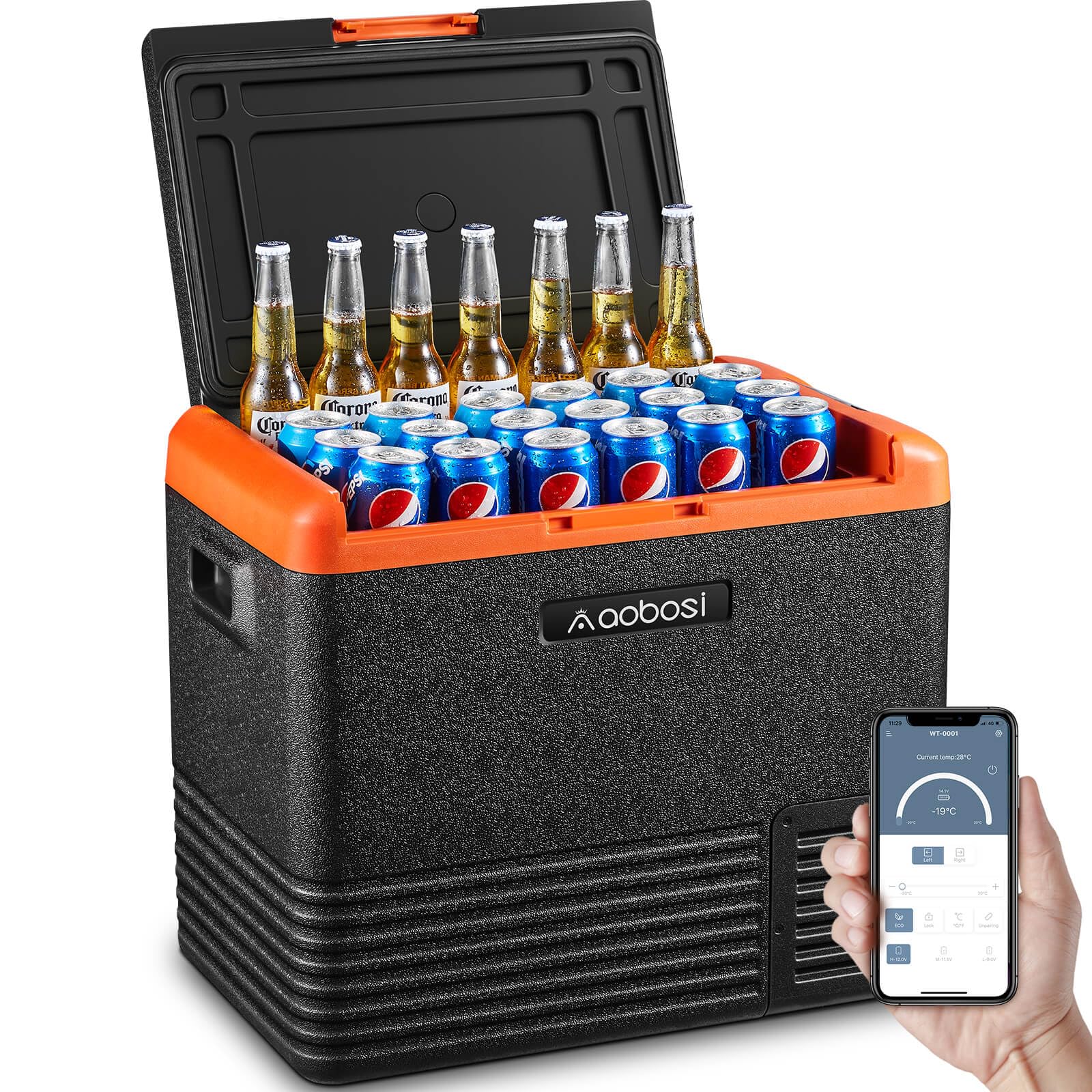 AAOBOSI Nevera Portatil Compresor, Nevera Portatil 50L Para Almacenar Bebidas Y Alimentos, -20°C - 20°C, 12/24V, Nevera Camping Silenciosa Con Control Wifi Y Control Táctil LED.