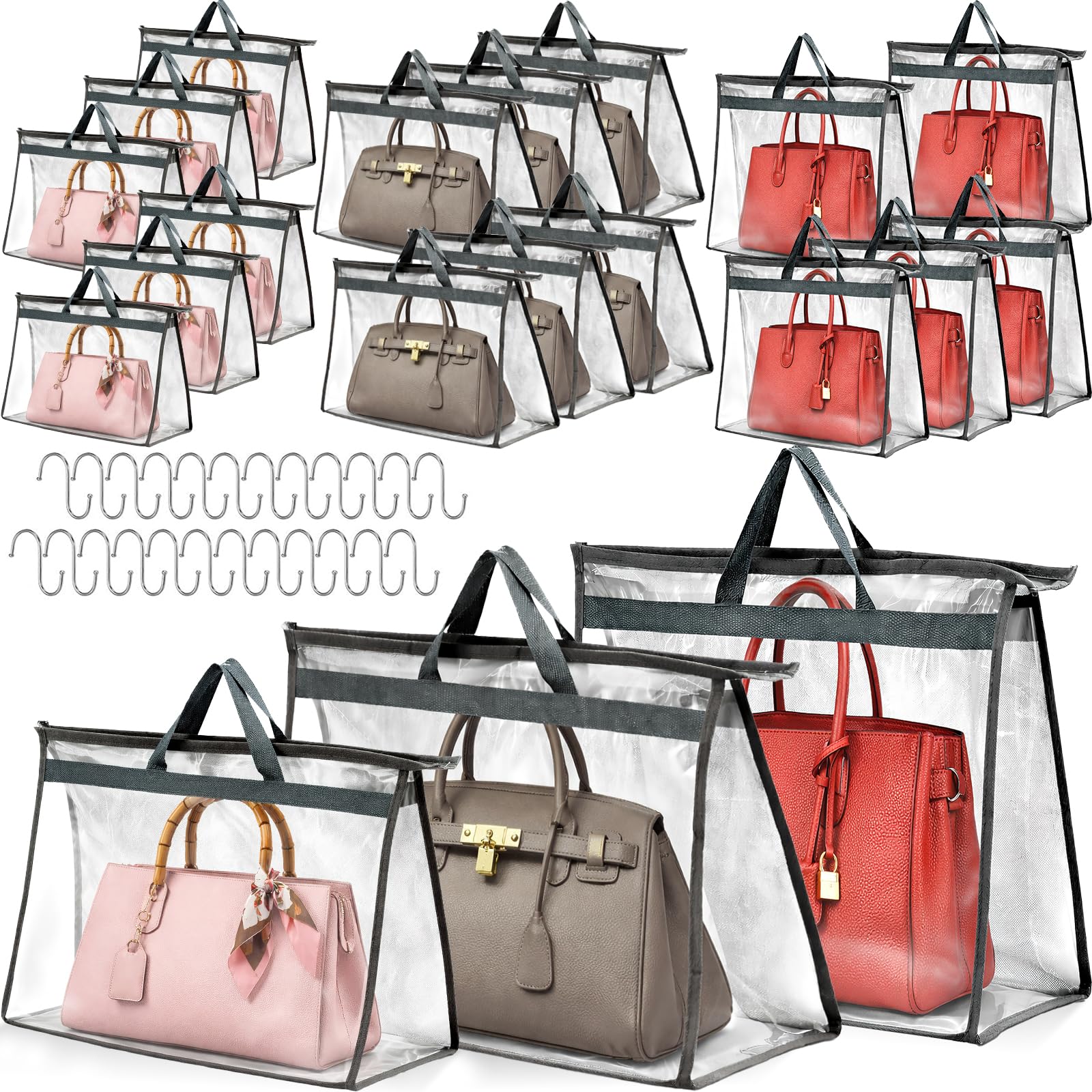 20 Pack Dust Bags for Handbags, 3 Sizes Clear Handbag Storage Organizer Bulk for Closet, Purse Protector Storage Bag with Zipper, Handles and 25 S Hooks, Hanging Dust Cover Bag for Dorm Room